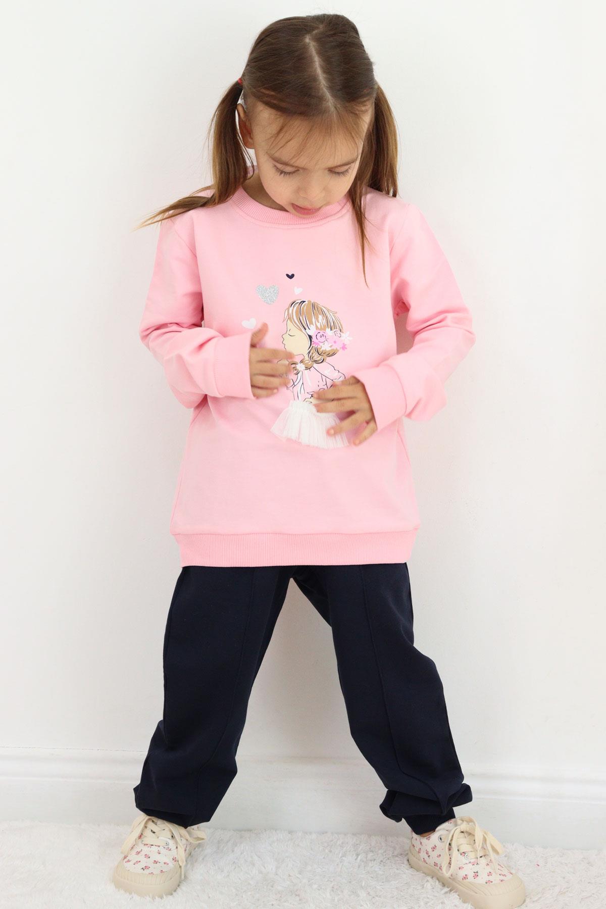 Breeze Kız Çocuk Eşofman Takım Düşünceli Kız Baskılı Pembe (2-4 Yaş)