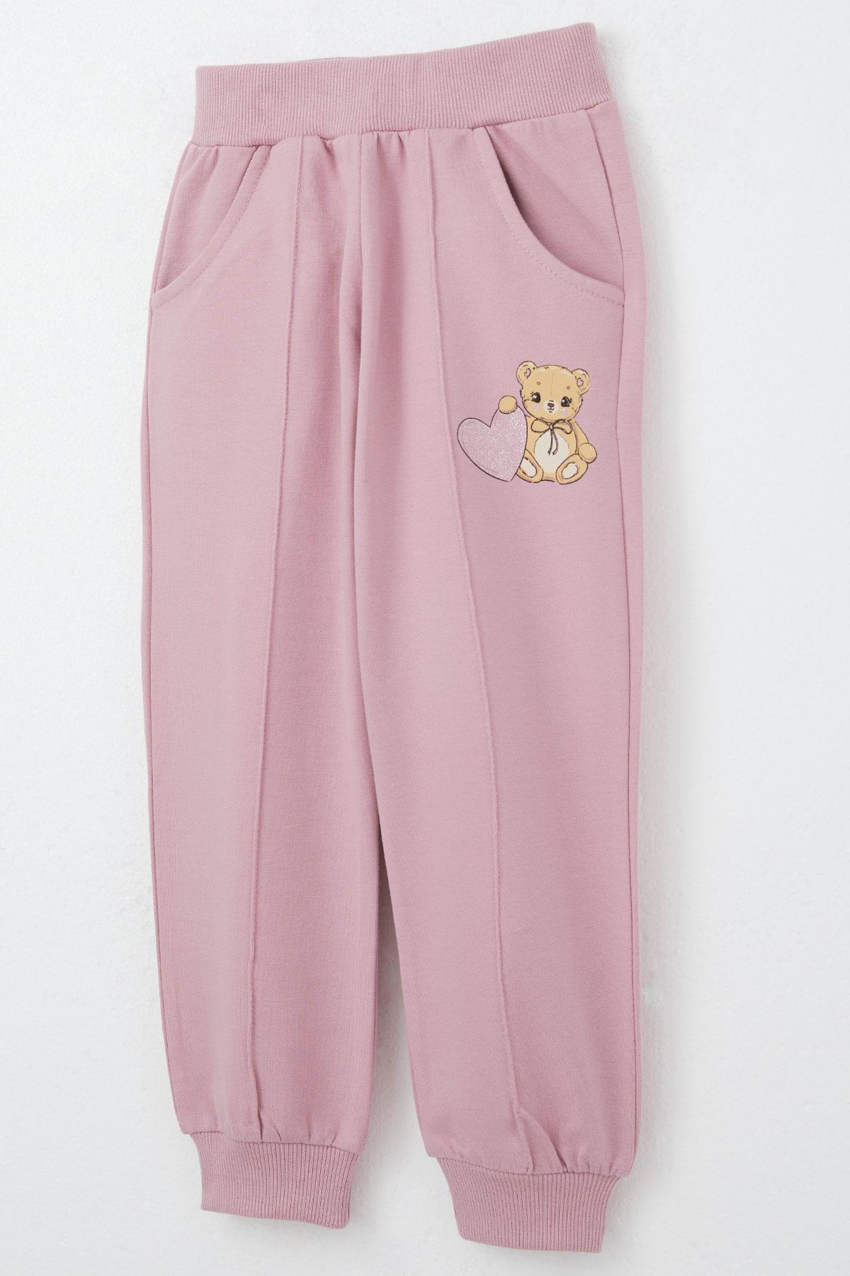 Breeze Kız Çocuk Eşofman Takım Kalpli Bebek Ayıcık Baskılı Bej (1.5-4 Yaş)