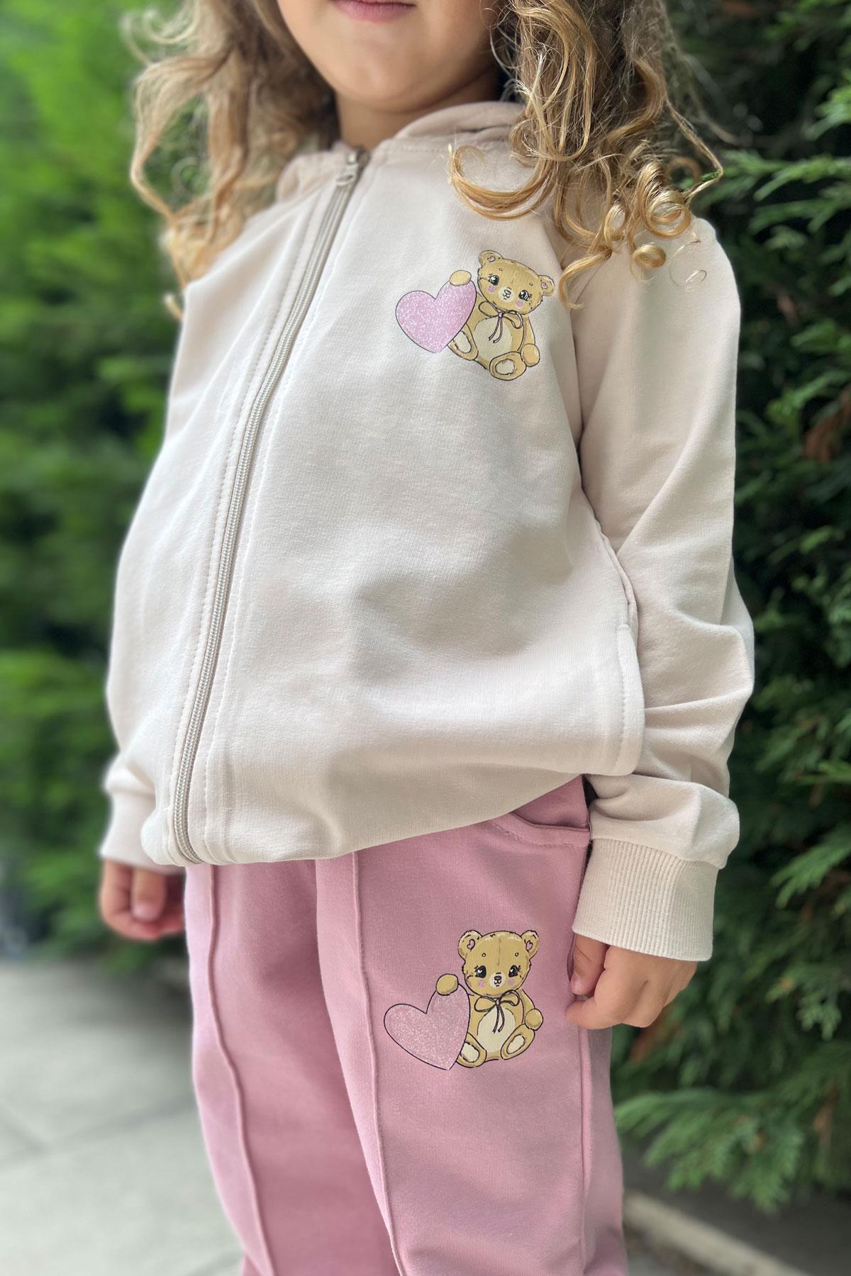 Breeze Kız Çocuk Eşofman Takım Kalpli Bebek Ayıcık Baskılı Bej (1.5-4 Yaş)