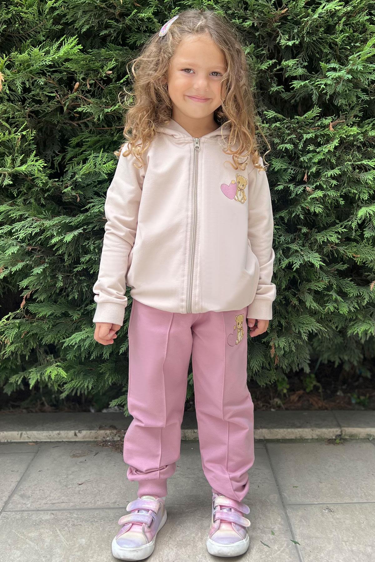 Breeze Kız Çocuk Eşofman Takım Kalpli Bebek Ayıcık Baskılı Bej (1.5-4 Yaş)