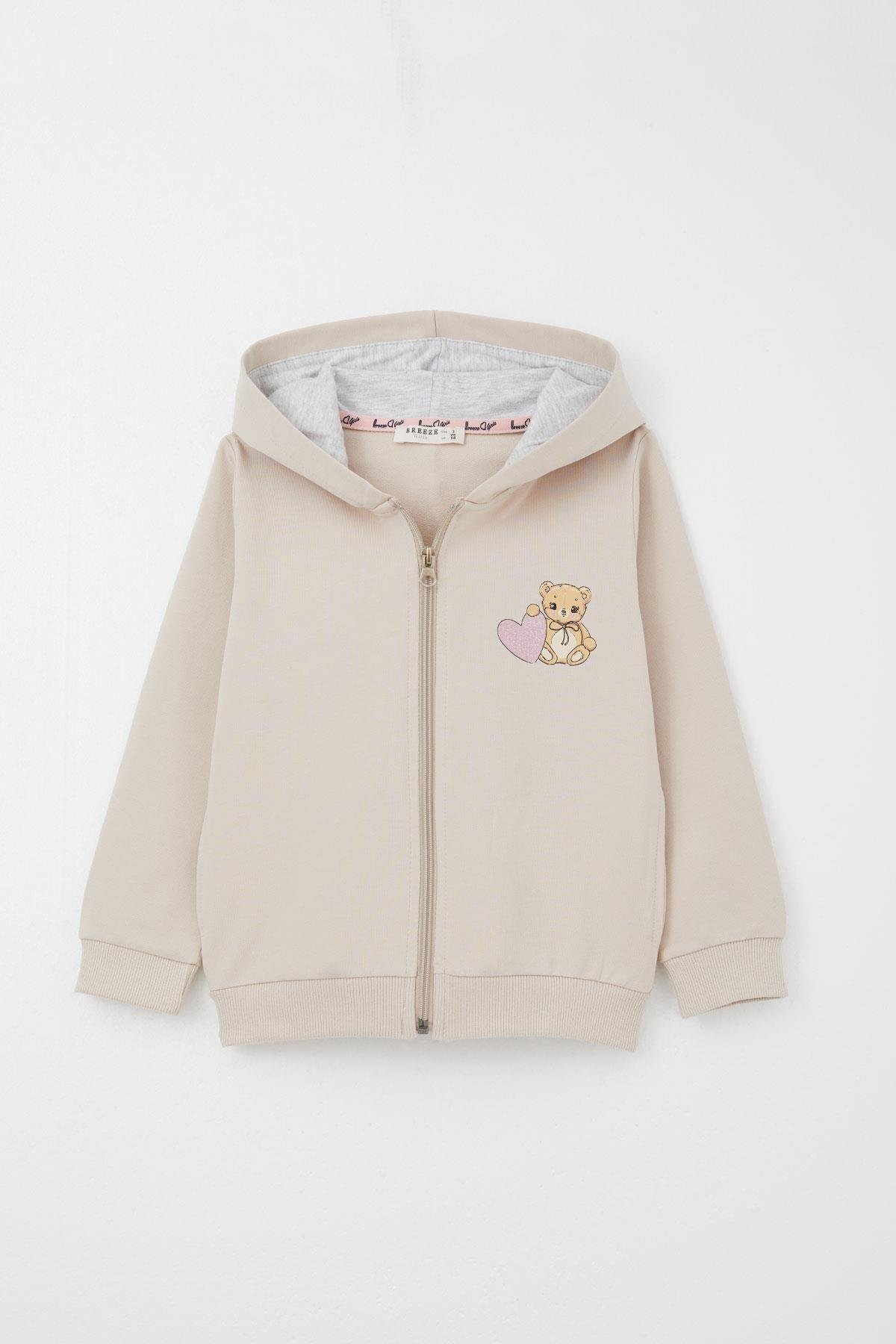 Breeze Kız Çocuk Eşofman Takım Kalpli Bebek Ayıcık Baskılı Bej (1.5-4 Yaş)