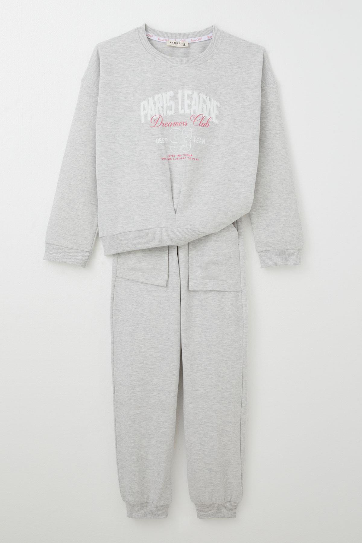 Breeze Kız Çocuk Eşofman Takım Lig Temalı Ön Kısmı V Dikişli Açık Gri Melanj (5-10 Yaş)
