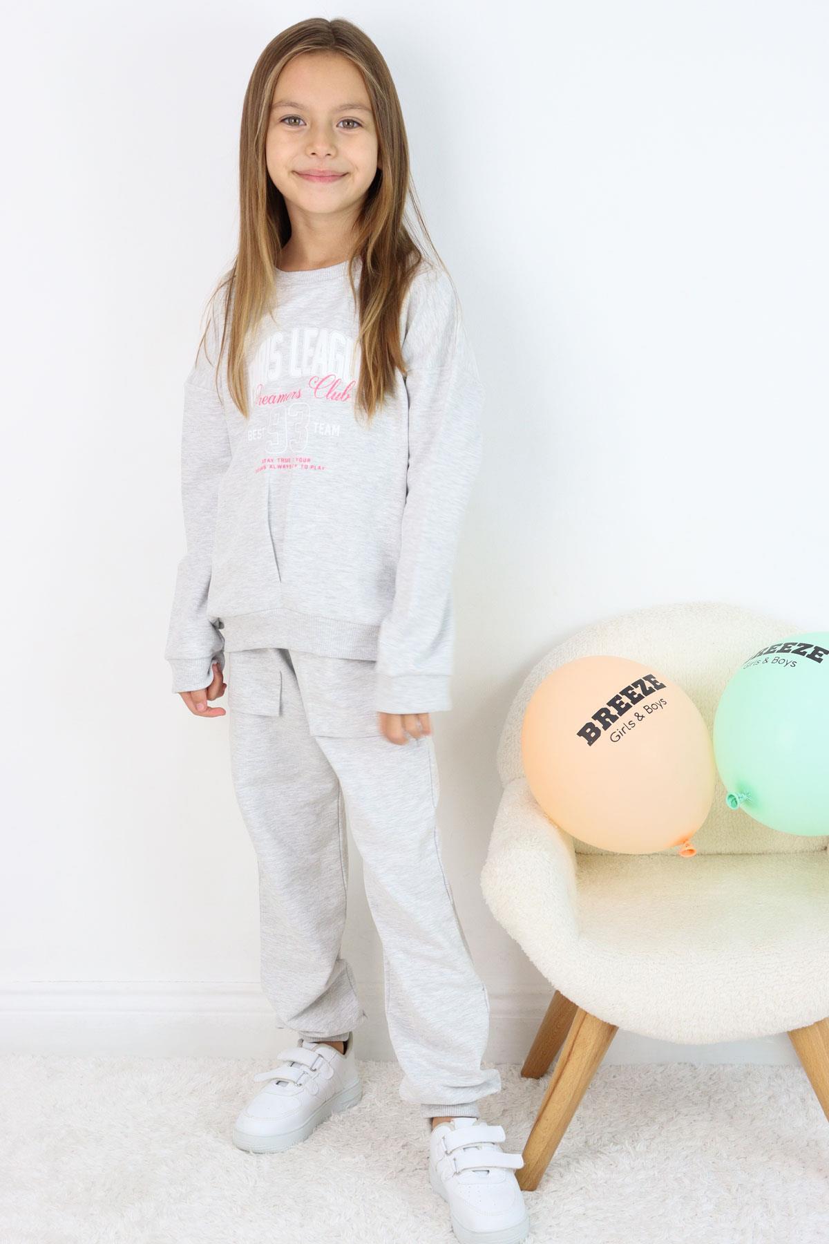 Breeze Kız Çocuk Eşofman Takım Lig Temalı Ön Kısmı V Dikişli Açık Gri Melanj (5-10 Yaş)