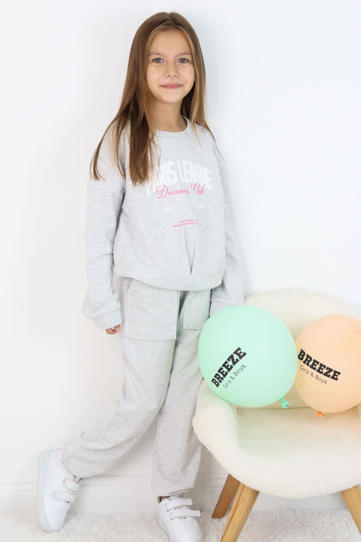 Breeze Kız Çocuk Eşofman Takım Lig Temalı Ön Kısmı V Dikişli Açık Gri Melanj (5-10 Yaş)