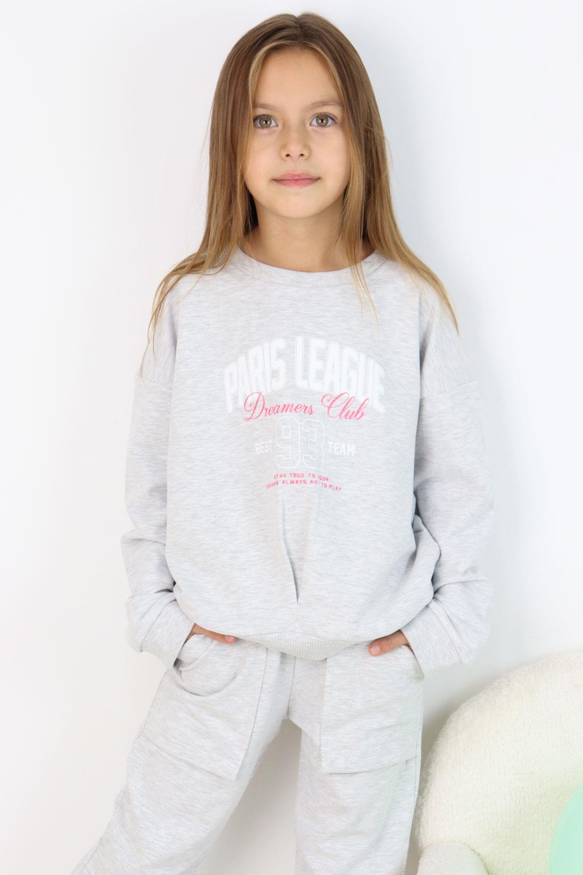Breeze Kız Çocuk Eşofman Takım Lig Temalı Ön Kısmı V Dikişli Açık Gri Melanj (5-10 Yaş)