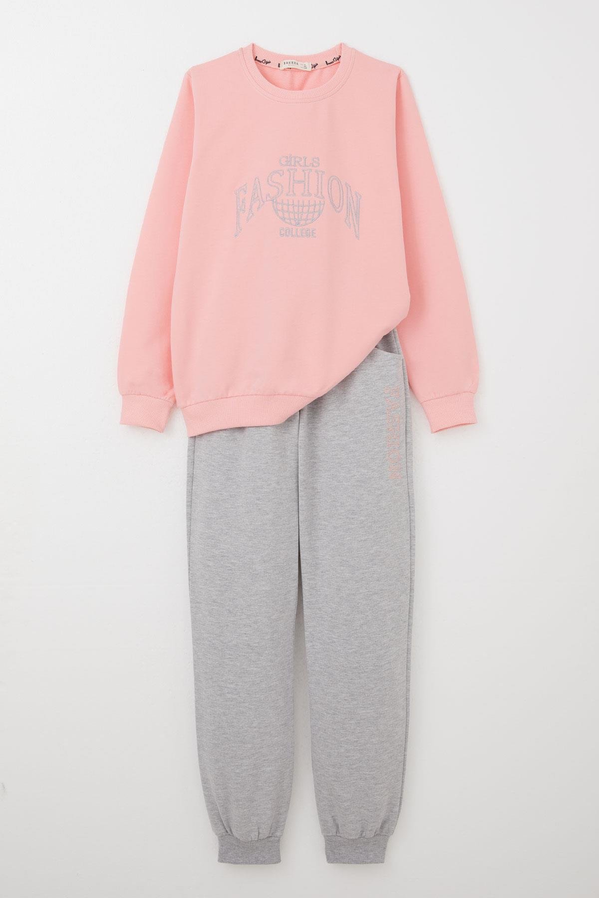 Breeze Kız Çocuk Eşofman Takım Moda Temalı Yazı Nakışlı Pembe (8-12 Yaş)