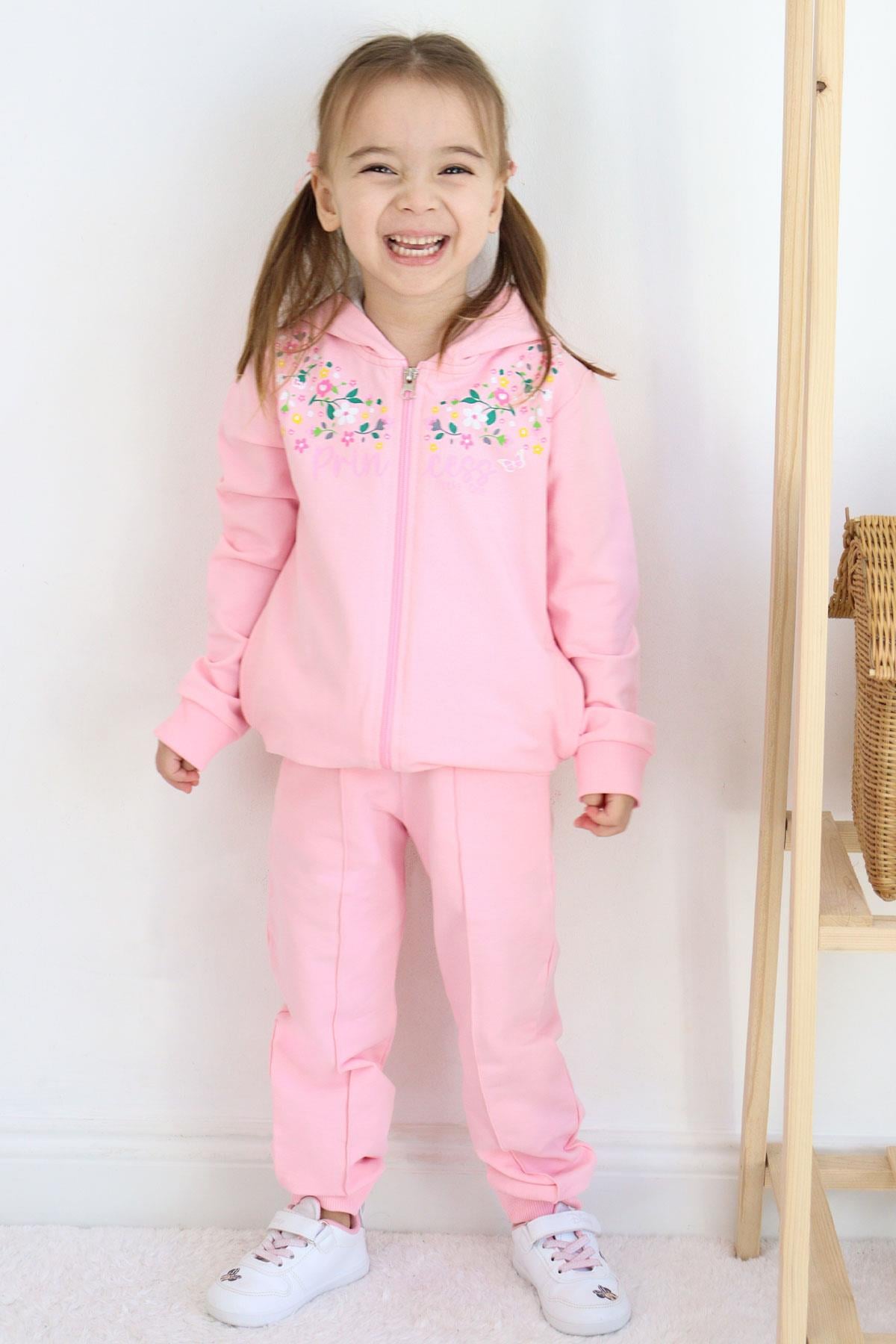 Breeze Kız Çocuk Eşofman Takım Renkli Çiçek Desenli Fermuarlı Pembe (1.5-5 Yaş)