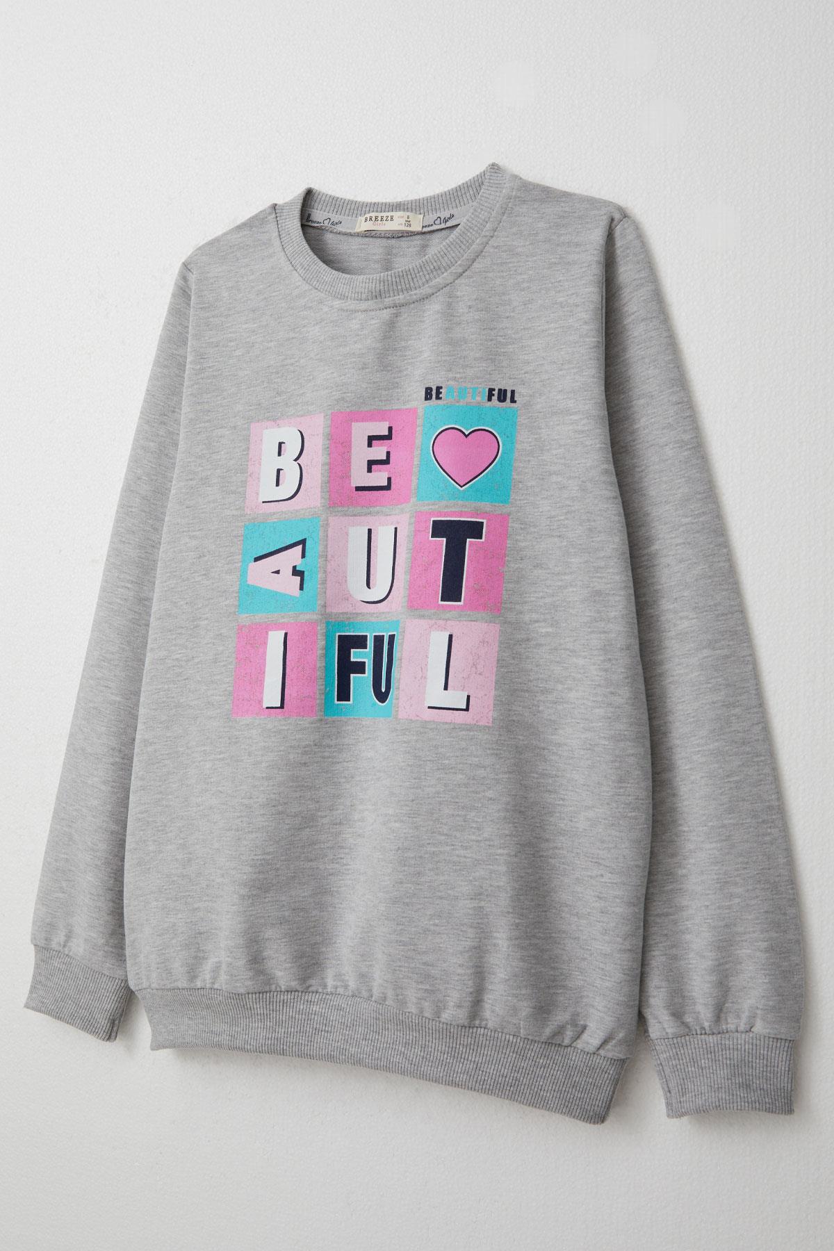 Breeze Kız Çocuk Eşofman Takım Renkli Yazı Baskılı Açık Gri Melanj (8-12 Yaş)