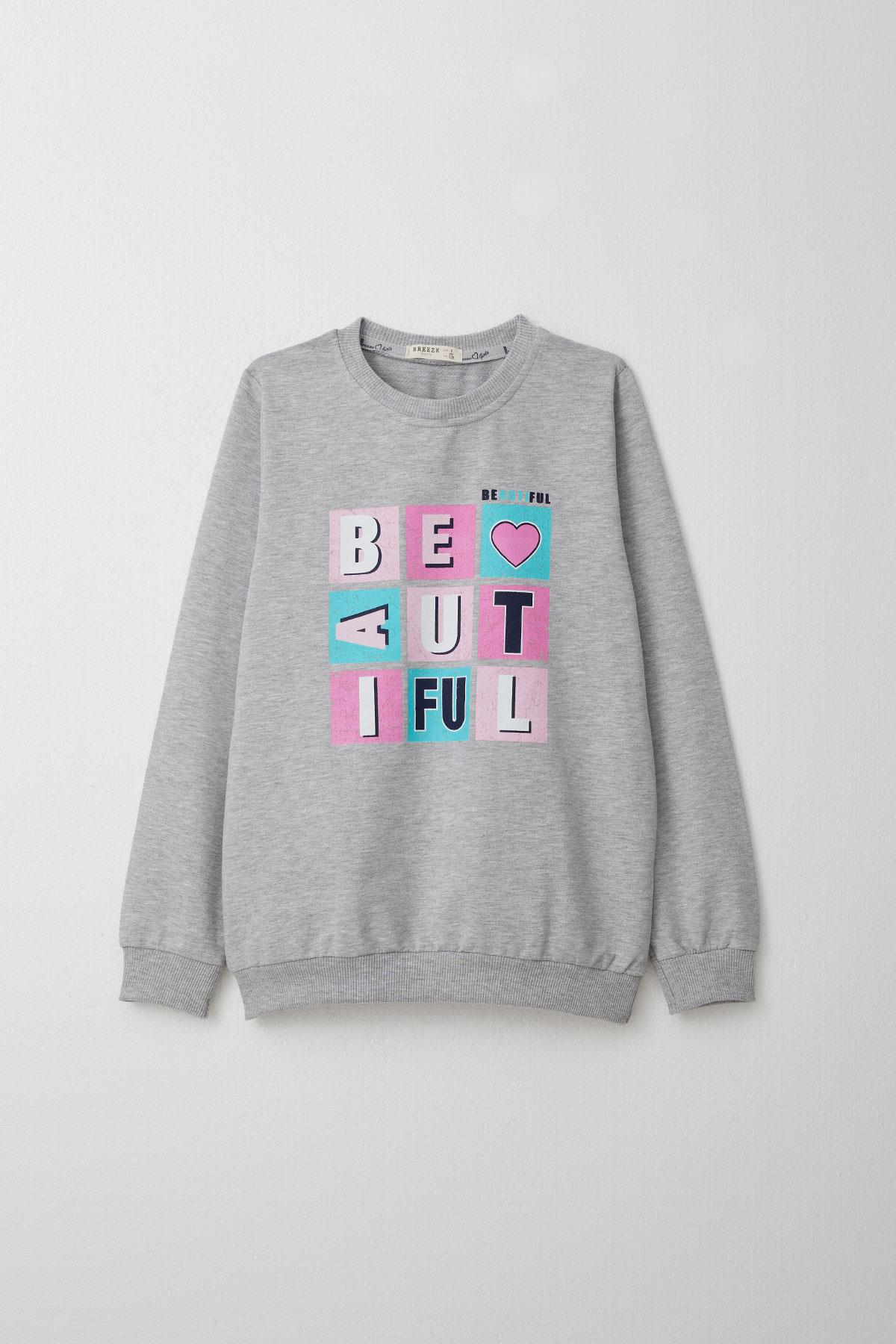 Breeze Kız Çocuk Eşofman Takım Renkli Yazı Baskılı Açık Gri Melanj (8-12 Yaş)