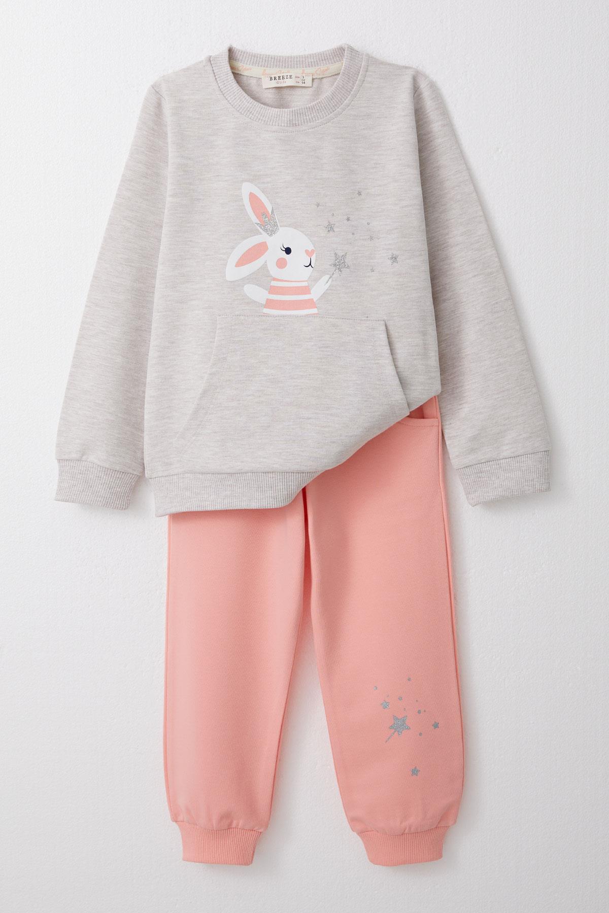 Breeze Kız Çocuk Eşofman Takım Sevimli Sihirbaz Tavşancık Baskılı Bej Melanj (1-4 Yaş)