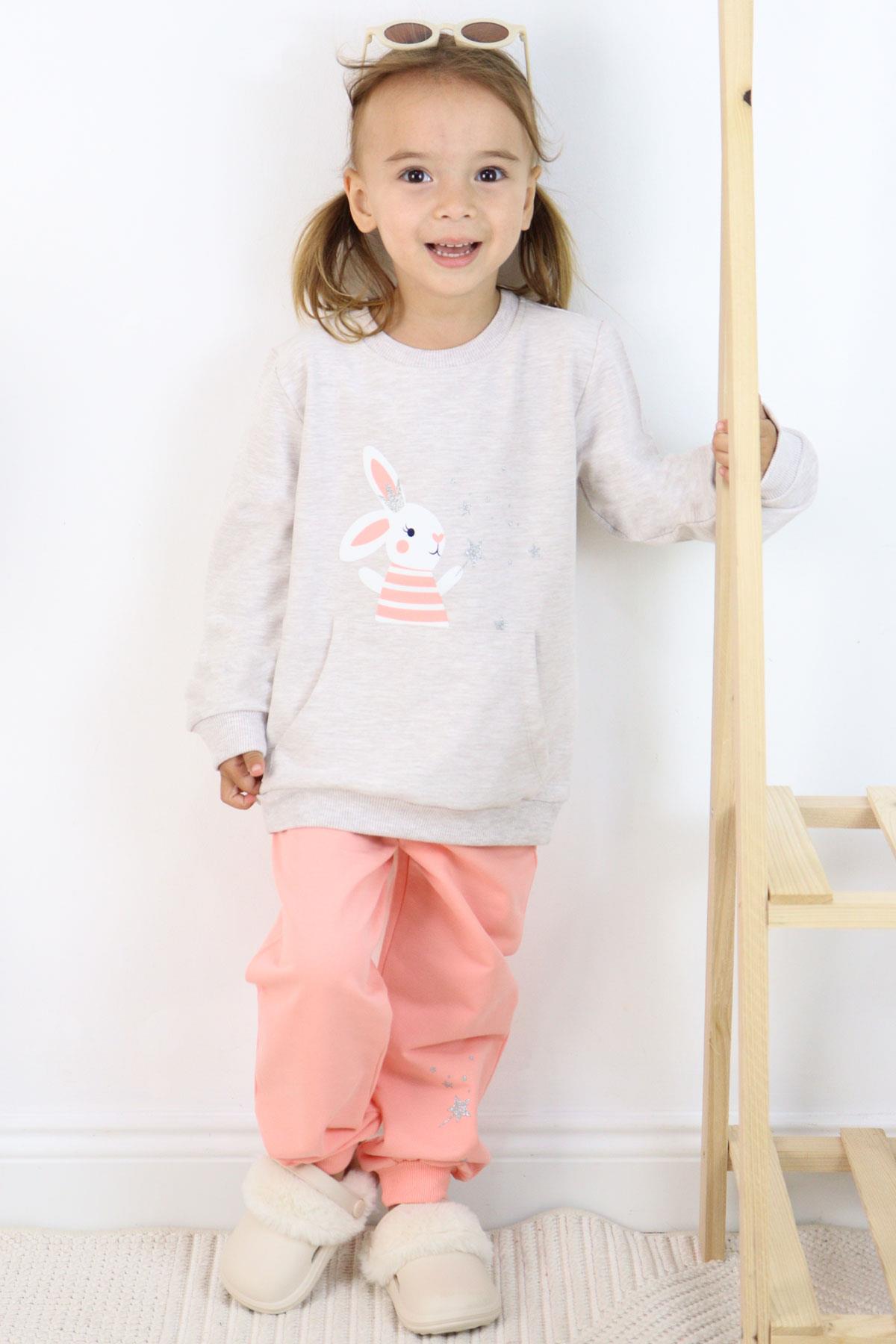 Breeze Kız Çocuk Eşofman Takım Sevimli Sihirbaz Tavşancık Baskılı Bej Melanj (1-4 Yaş)