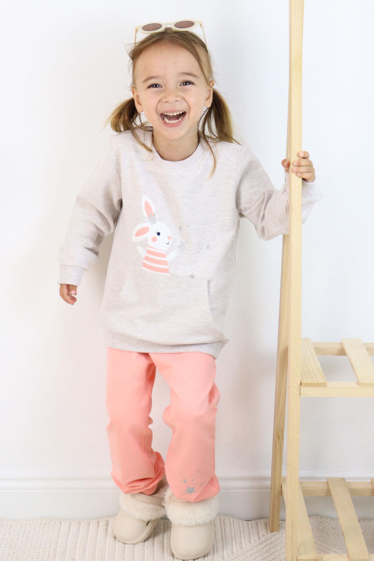 Breeze Kız Çocuk Eşofman Takım Sevimli Sihirbaz Tavşancık Baskılı Bej Melanj (1-4 Yaş)