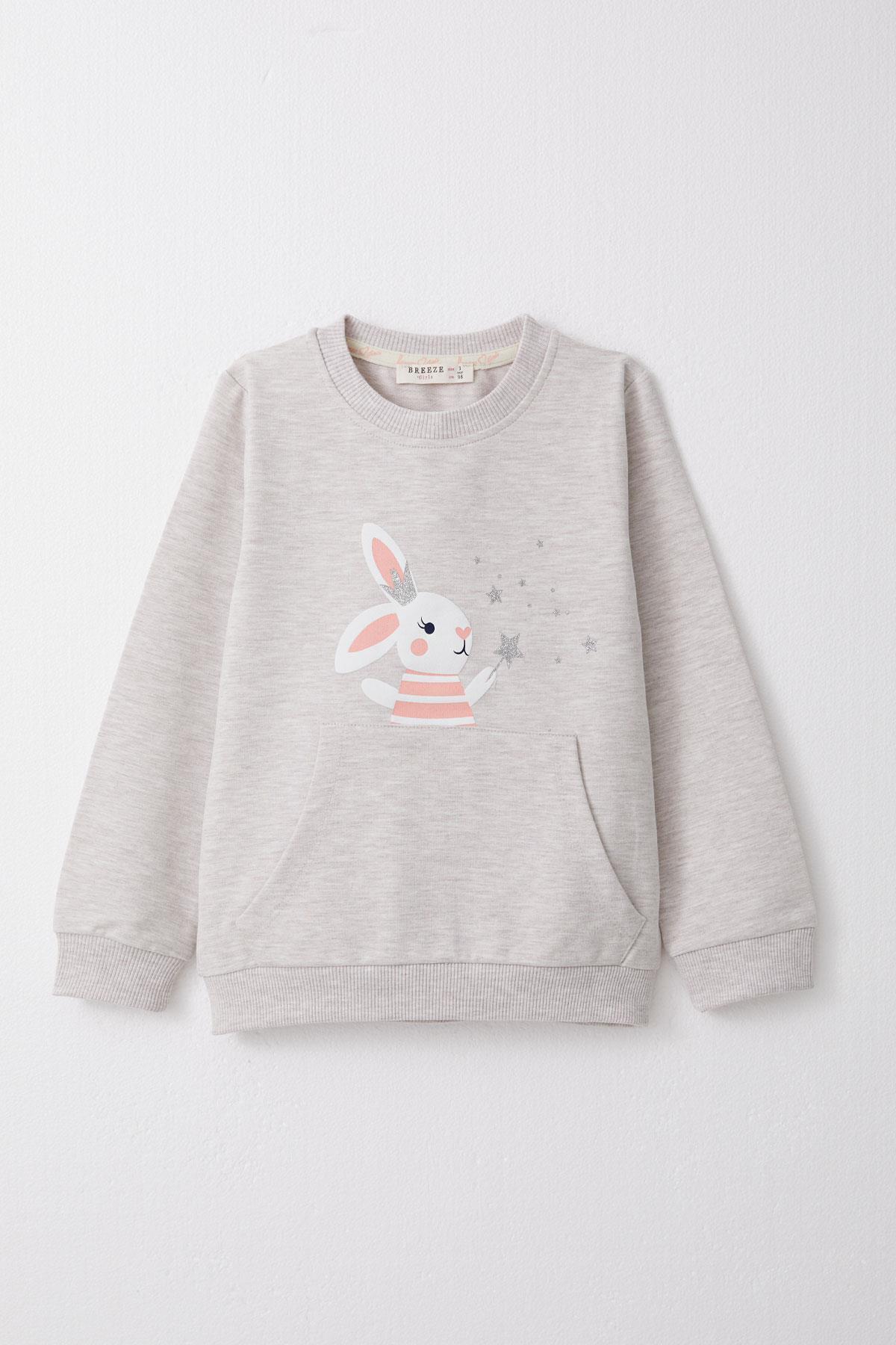 Breeze Kız Çocuk Eşofman Takım Sevimli Sihirbaz Tavşancık Baskılı Bej Melanj (1-4 Yaş)