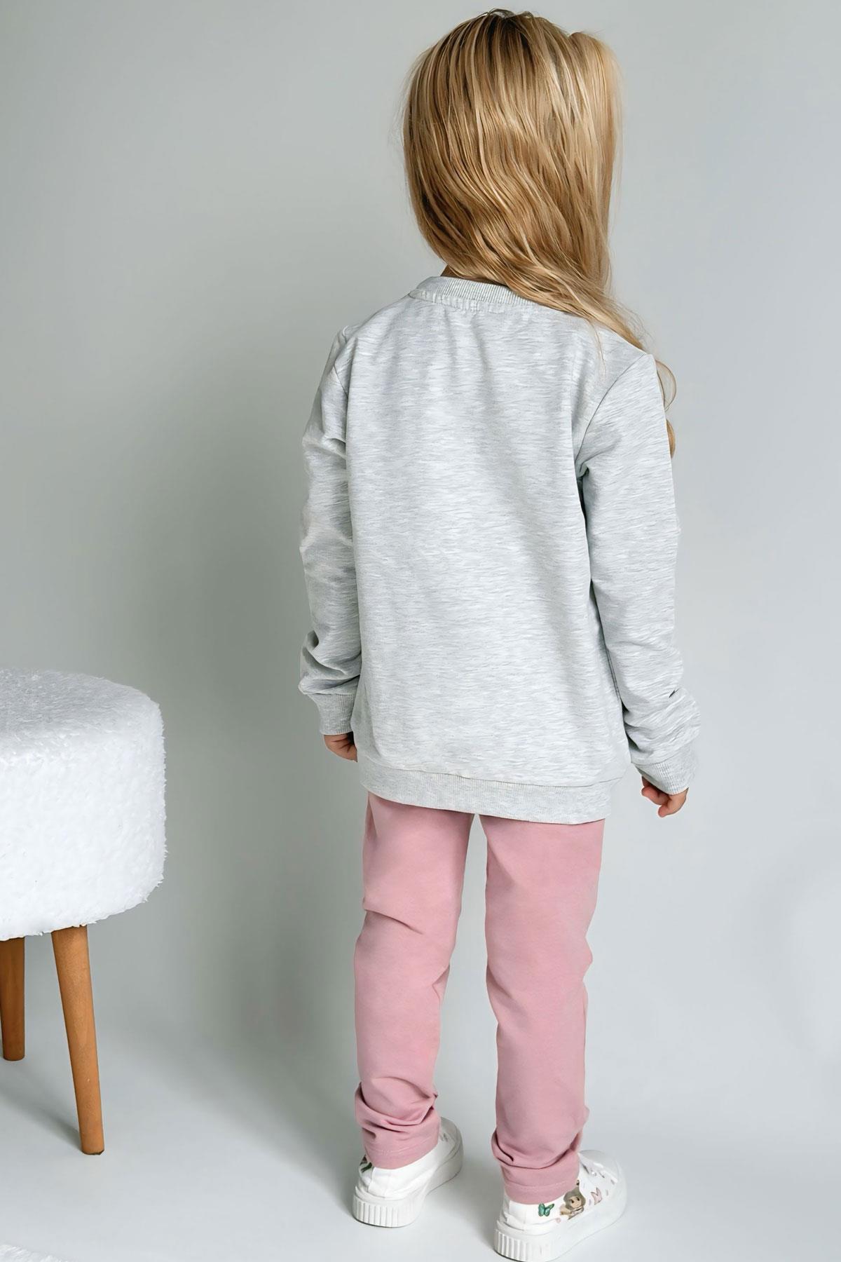 Breeze Kız Çocuk Eşofman Takım Simli Yazı Baskılı Sevimli Ayıcıklı Açık Gri Melanj (1.5-5 Yaş)