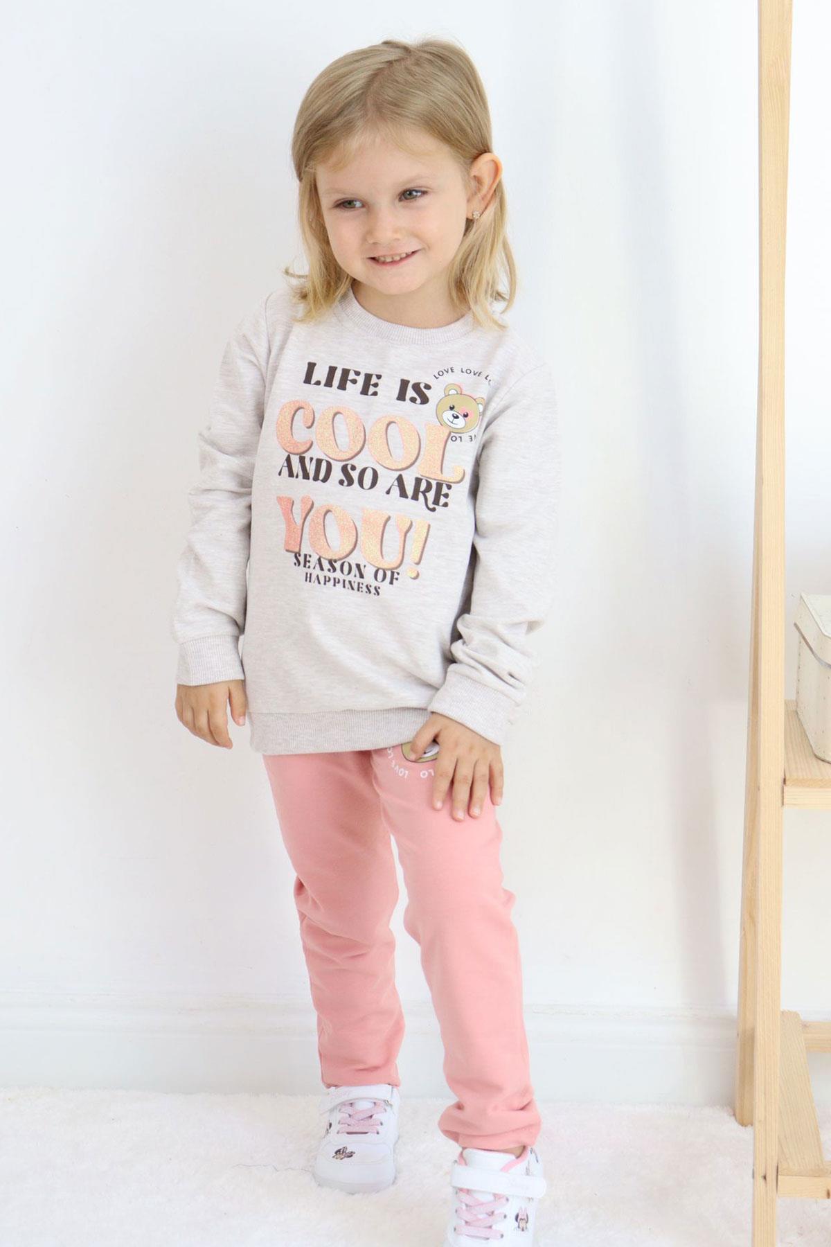 Breeze Kız Çocuk Eşofman Takım Simli Yazı Baskılı Sevimli Ayıcıklı Bej Melanj (1.5-5 Yaş)