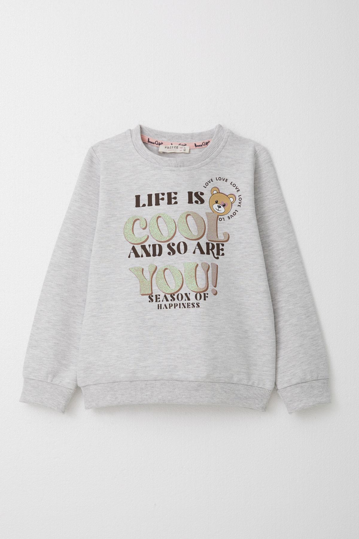 Breeze Kız Çocuk Eşofman Takım Simli Yazı Baskılı Sevimli Ayıcıklı Açık Gri Melanj (1.5-5 Yaş)
