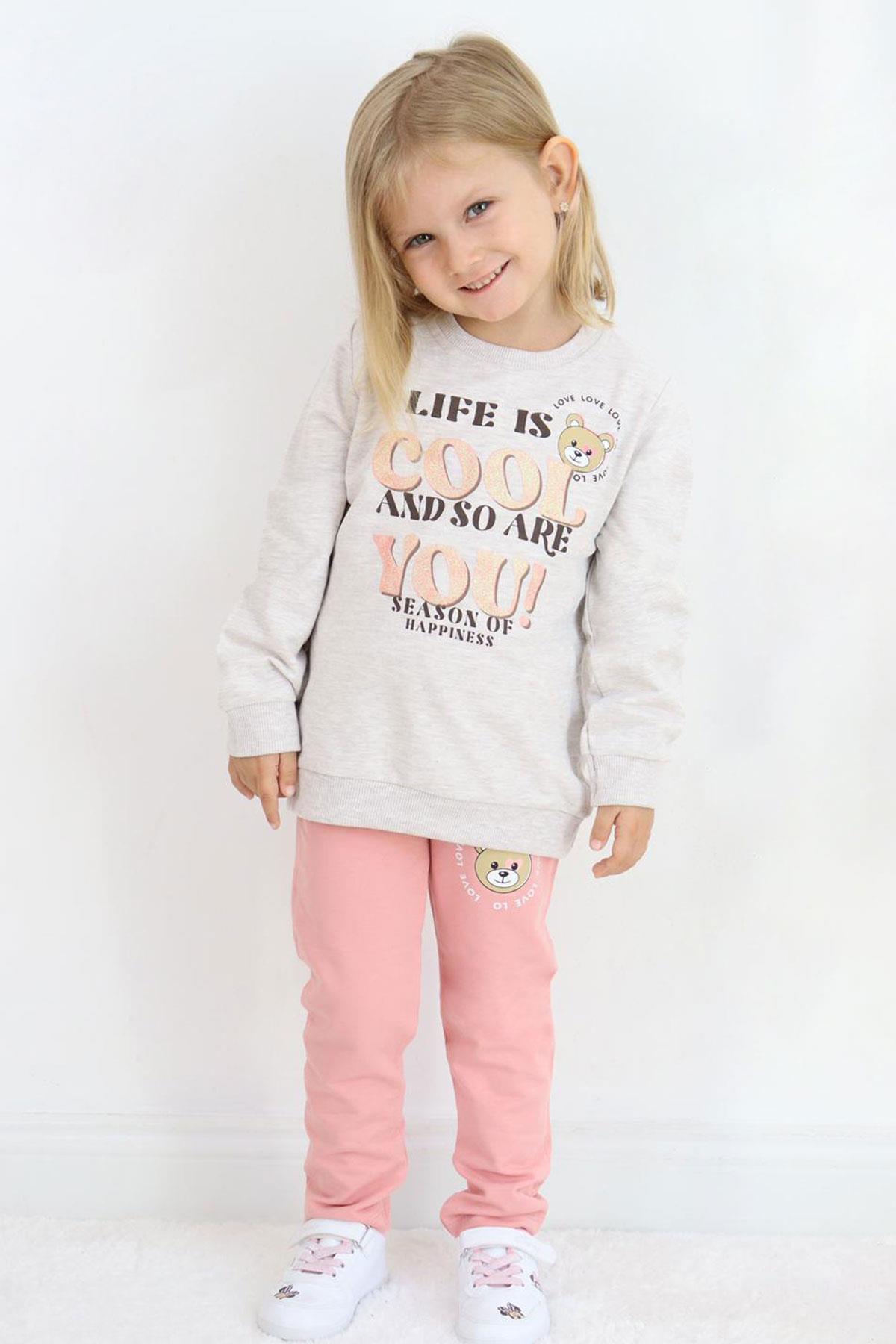 Breeze Kız Çocuk Eşofman Takım Simli Yazı Baskılı Sevimli Ayıcıklı Bej Melanj (1.5-5 Yaş)