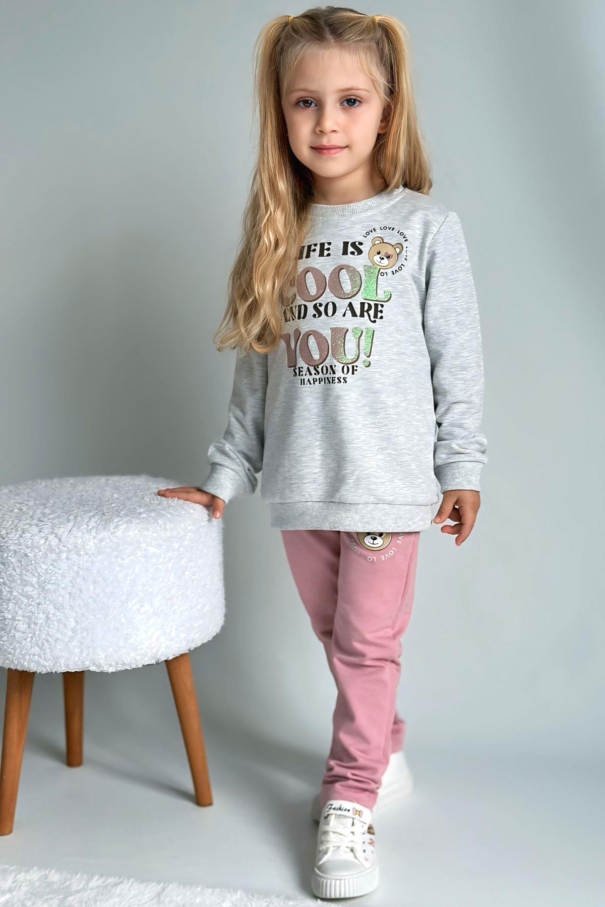 Breeze Kız Çocuk Eşofman Takım Simli Yazı Baskılı Sevimli Ayıcıklı Açık Gri Melanj (1.5-5 Yaş)