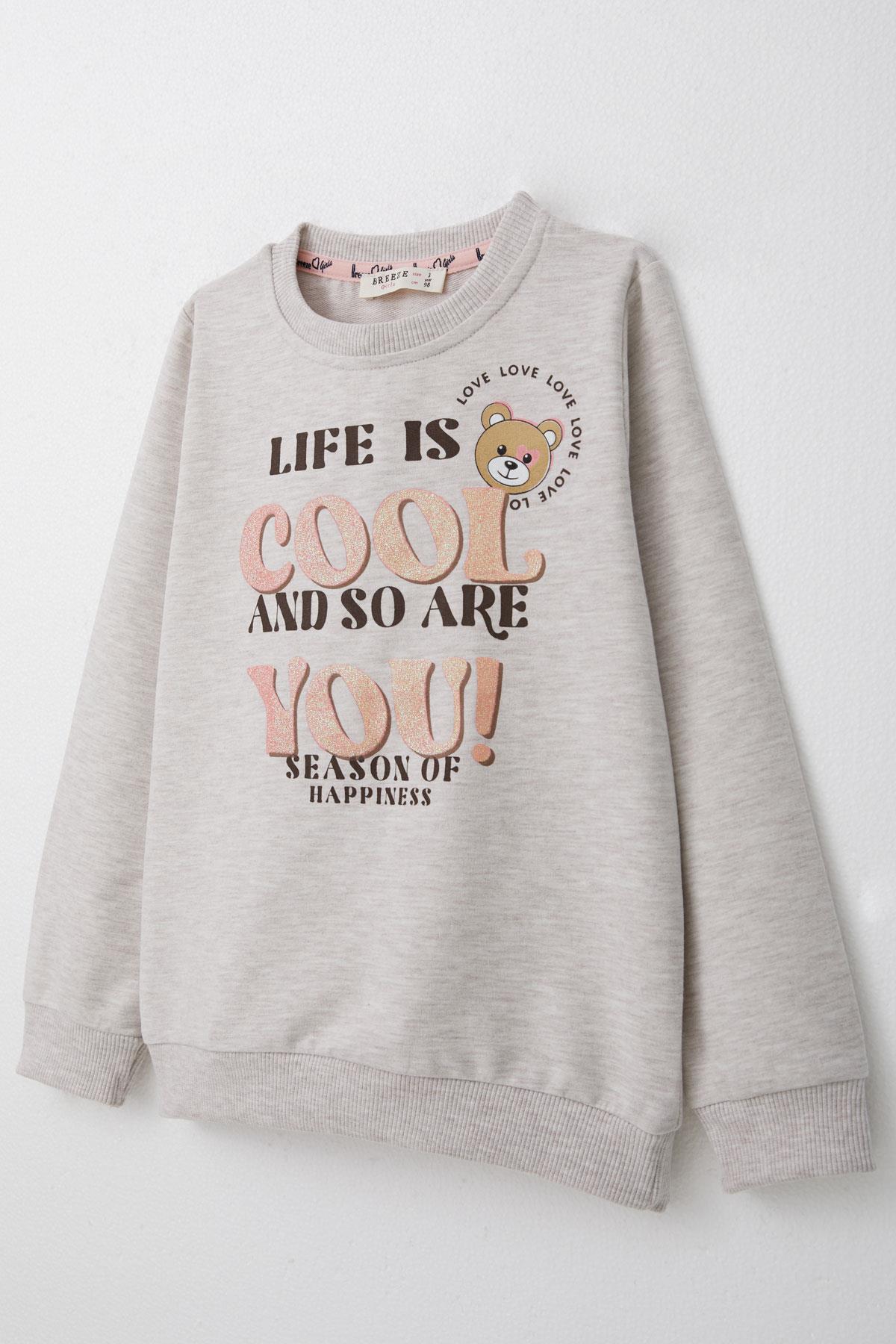 Breeze Kız Çocuk Eşofman Takım Simli Yazı Baskılı Sevimli Ayıcıklı Bej Melanj (1.5-5 Yaş)