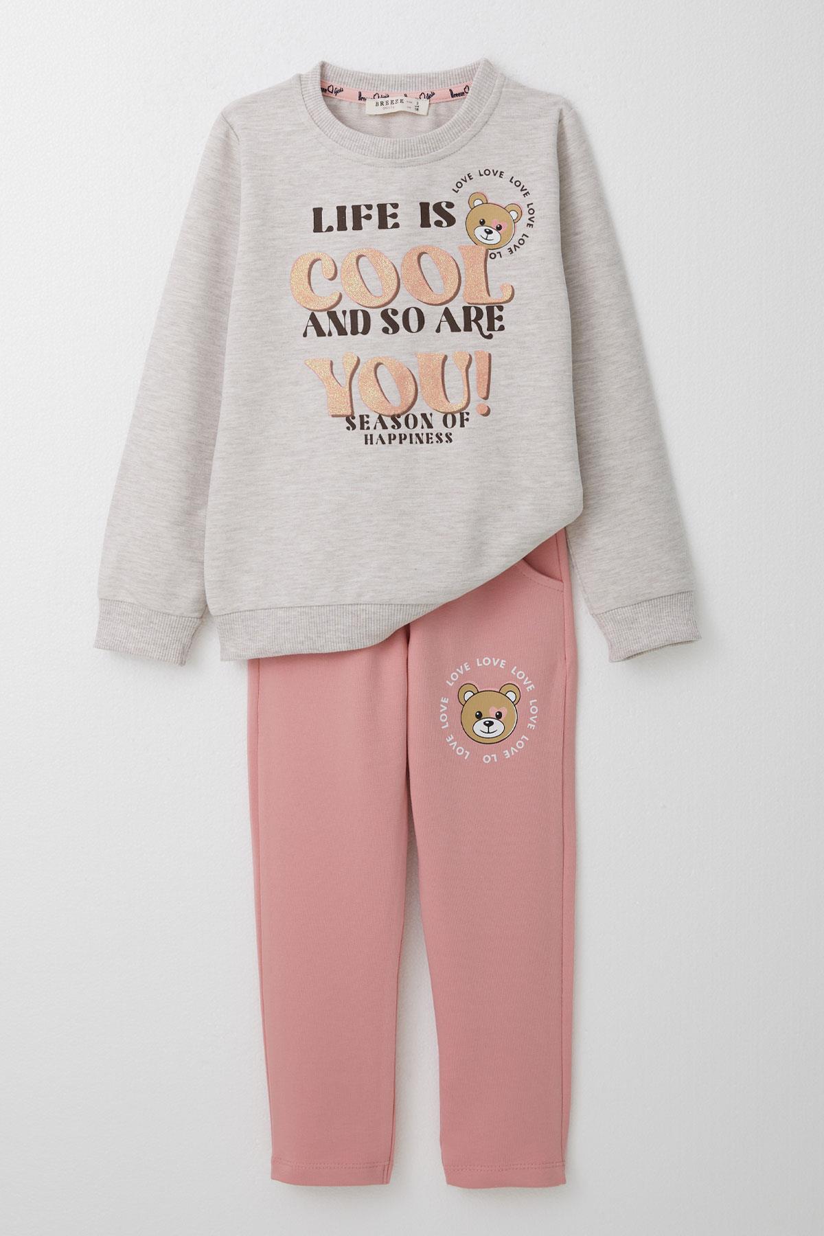 Breeze Kız Çocuk Eşofman Takım Simli Yazı Baskılı Sevimli Ayıcıklı Bej Melanj (1.5-5 Yaş)