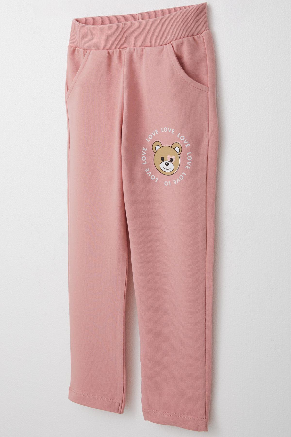 Breeze Kız Çocuk Eşofman Takım Simli Yazı Baskılı Sevimli Ayıcıklı Bej Melanj (1.5-5 Yaş)