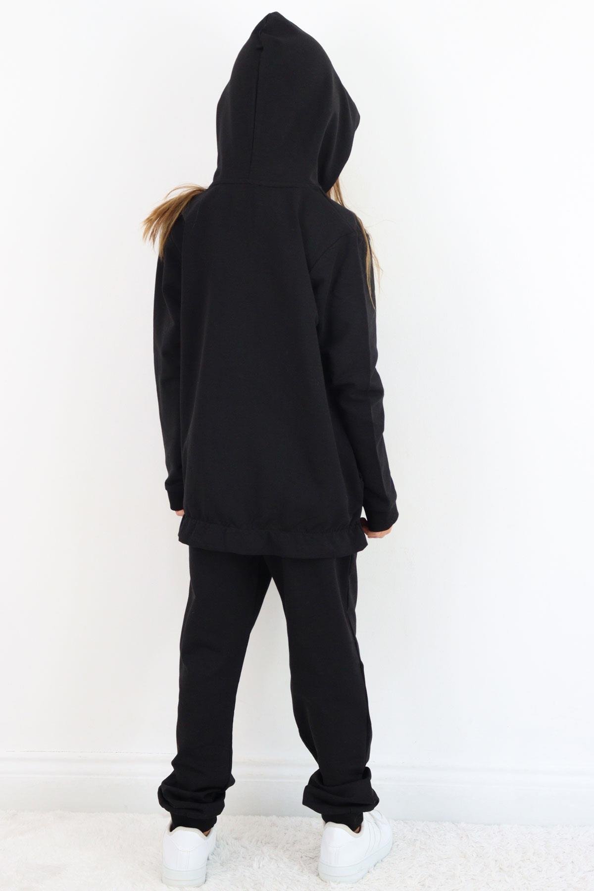 Breeze Kız Çocuk Eşofman Takım Taş İşlemeli Kalp Siyah (4-6 Yaş)