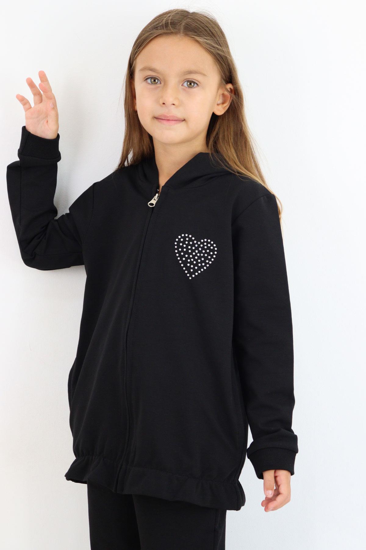 Breeze Kız Çocuk Eşofman Takım Taş İşlemeli Kalp Siyah (4-6 Yaş)