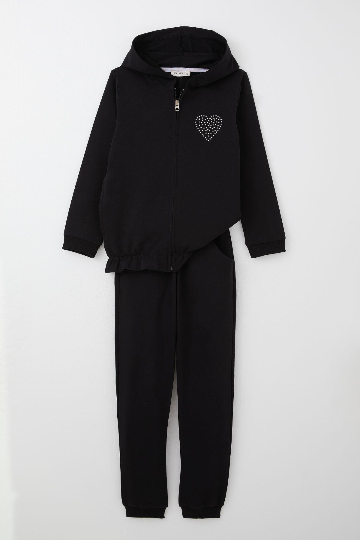Breeze Kız Çocuk Eşofman Takım Taş İşlemeli Kalp Siyah (4-6 Yaş)