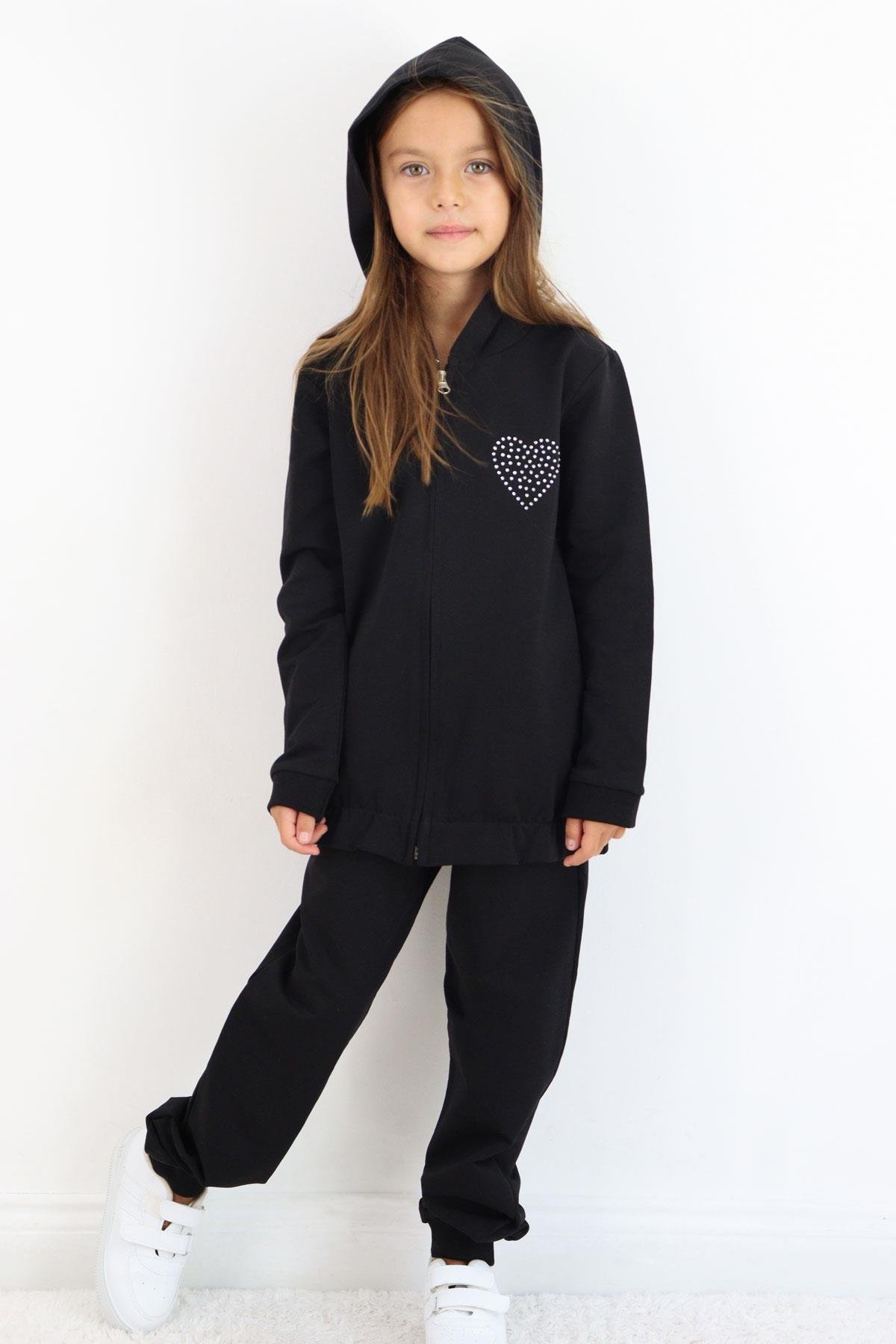 Breeze Kız Çocuk Eşofman Takım Taş İşlemeli Kalp Siyah (4-6 Yaş)