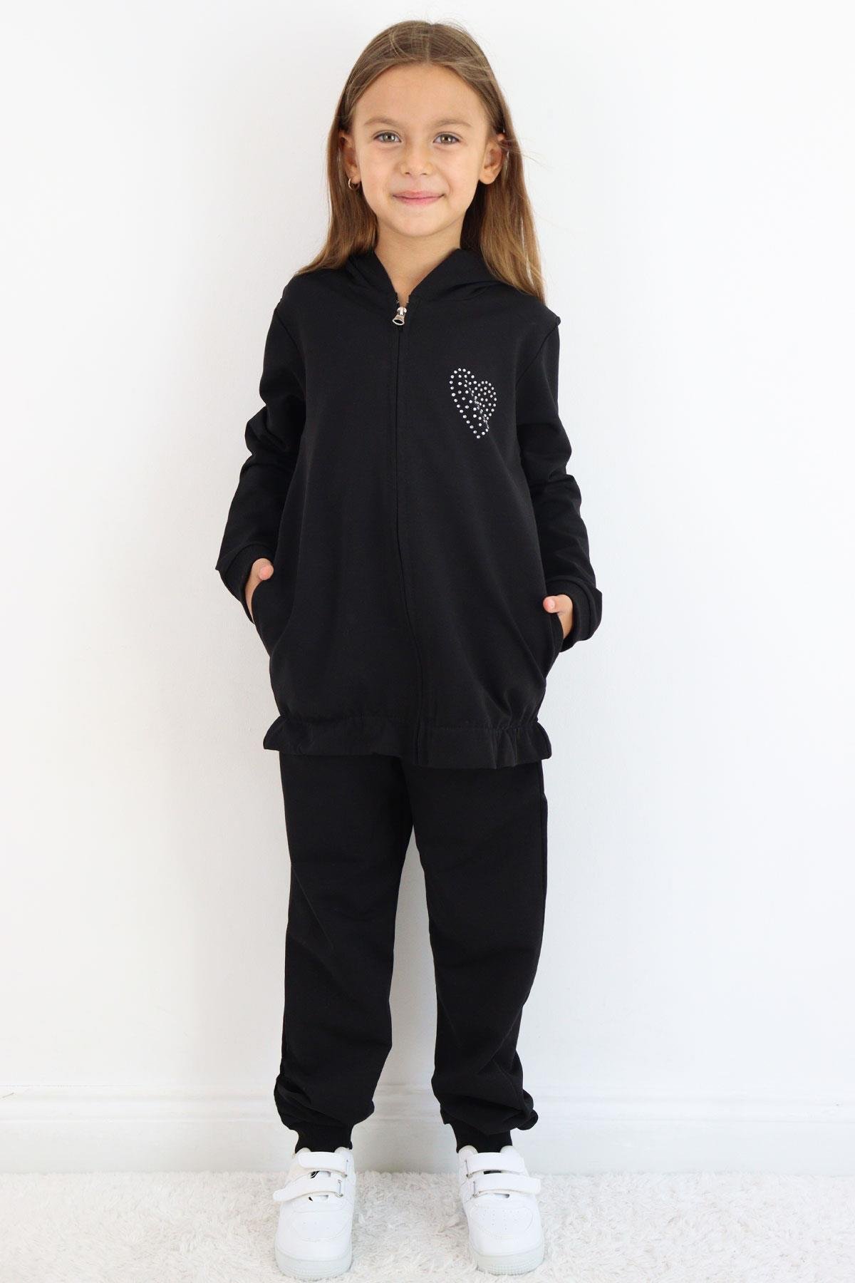 Breeze Kız Çocuk Eşofman Takım Taş İşlemeli Kalp Siyah (4-6 Yaş)