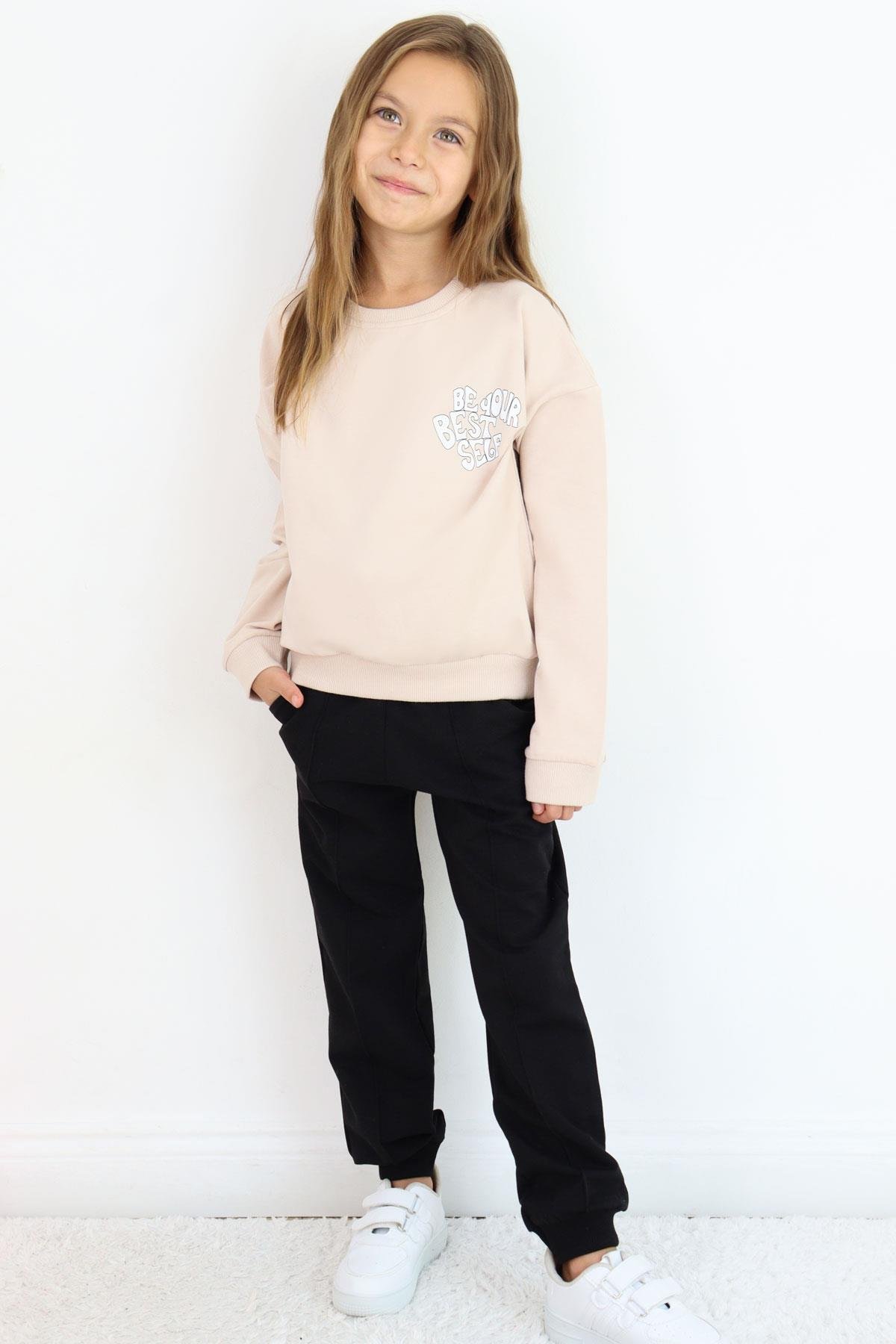 Breeze Kız Çocuk Eşofman Takım Yazı Baskılı Sırtı Çiçekli Bej (4-9 Yaş)