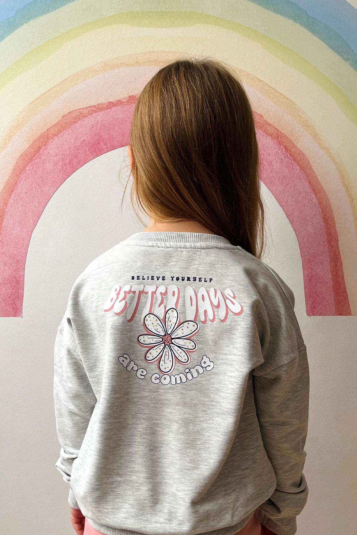 Breeze Kız Çocuk Eşofman Takım Yazı Baskılı Sırtı Çiçekli Açık Gri Melanj (4-9 Yaş)