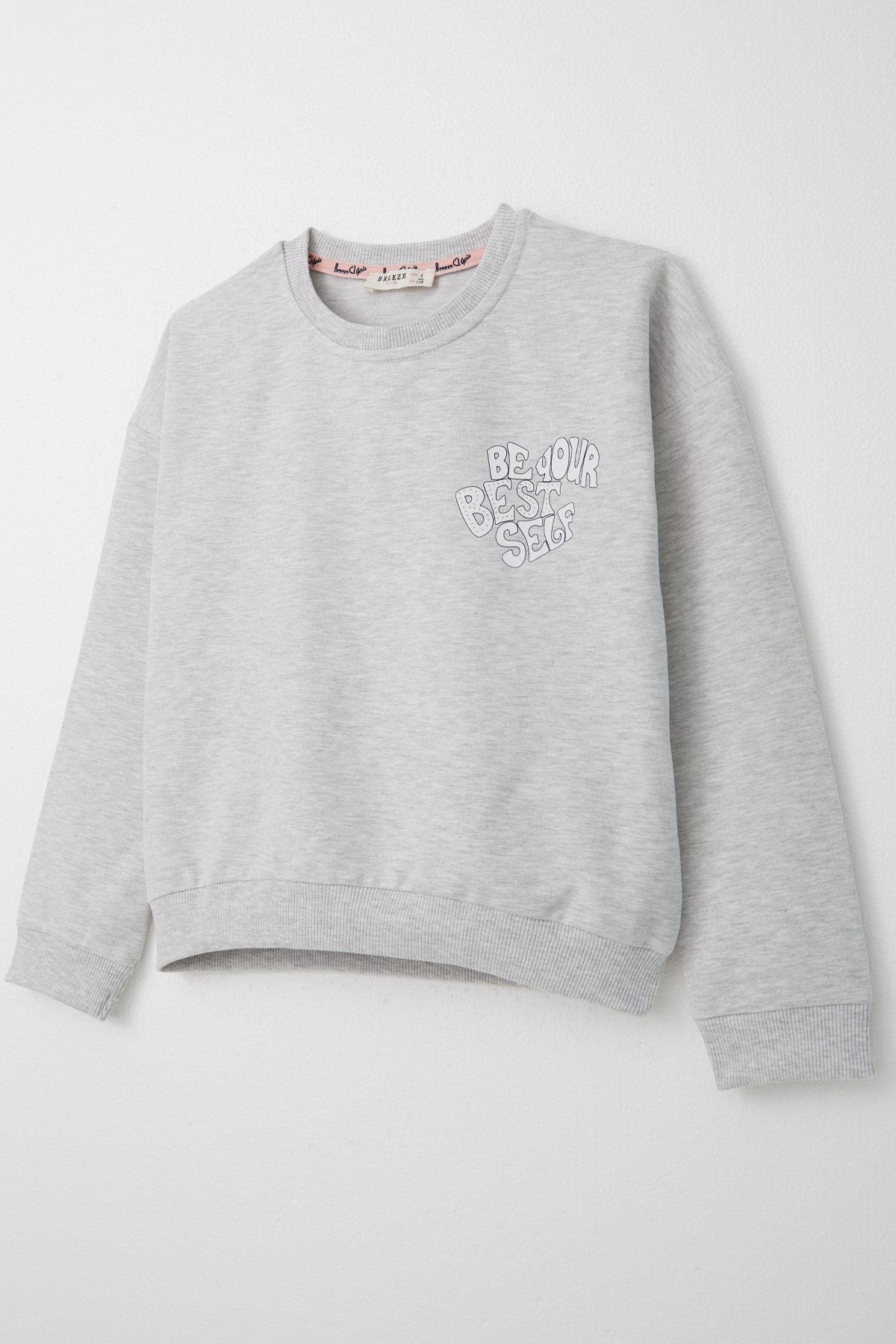 Breeze Kız Çocuk Eşofman Takım Yazı Baskılı Sırtı Çiçekli Açık Gri Melanj (4-9 Yaş)