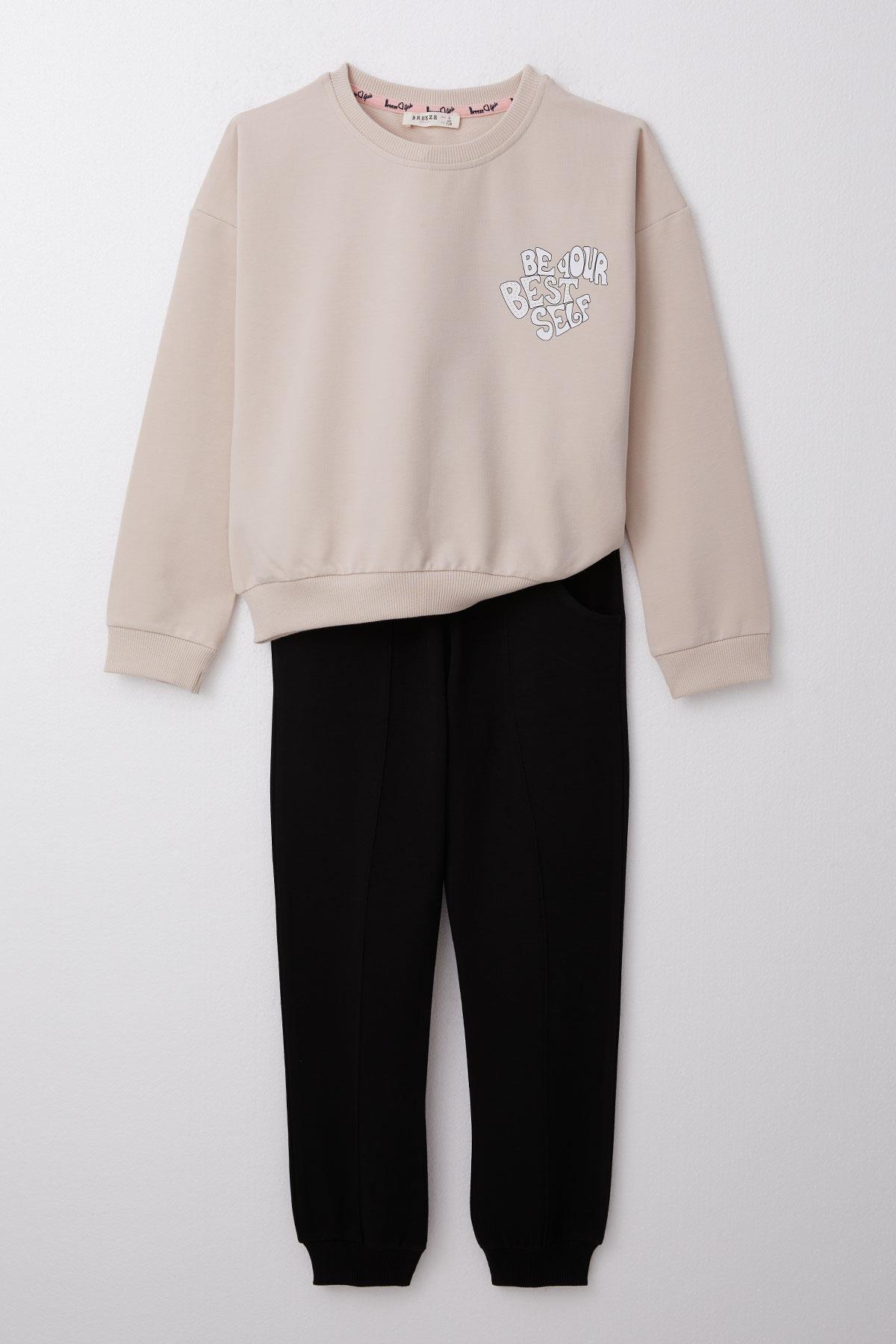 Breeze Kız Çocuk Eşofman Takım Yazı Baskılı Sırtı Çiçekli Bej (4-9 Yaş)