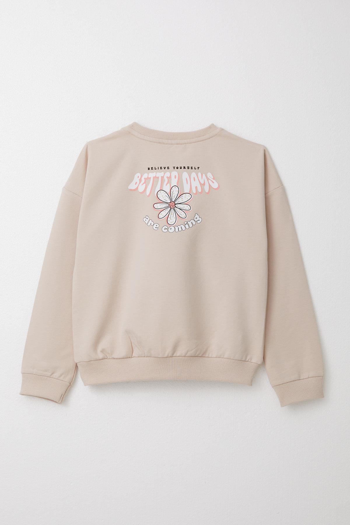 Breeze Kız Çocuk Eşofman Takım Yazı Baskılı Sırtı Çiçekli Bej (4-9 Yaş)