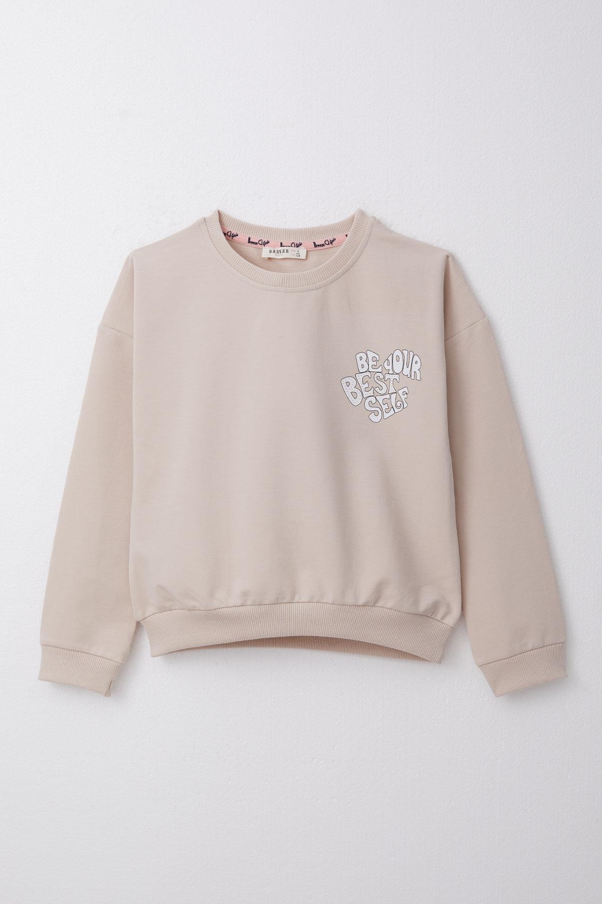 Breeze Kız Çocuk Eşofman Takım Yazı Baskılı Sırtı Çiçekli Bej (4-9 Yaş)