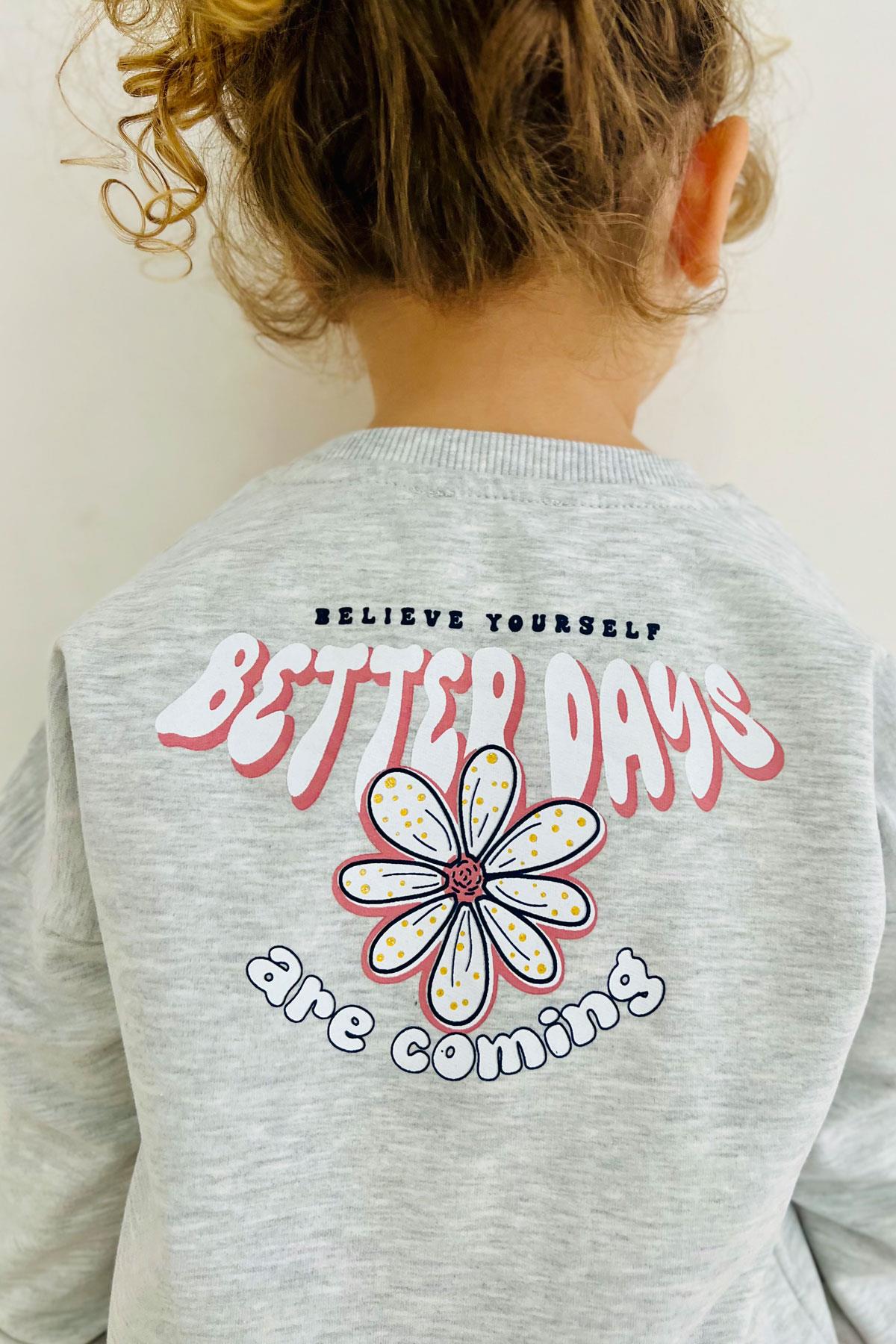 Breeze Kız Çocuk Eşofman Takım Yazı Baskılı Sırtı Çiçekli Açık Gri Melanj (4-9 Yaş)