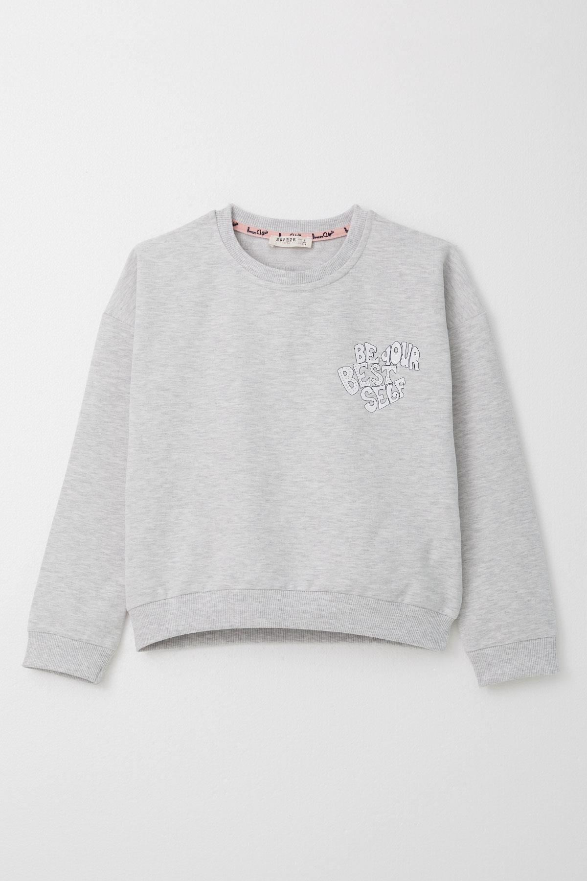 Breeze Kız Çocuk Eşofman Takım Yazı Baskılı Sırtı Çiçekli Açık Gri Melanj (4-9 Yaş)