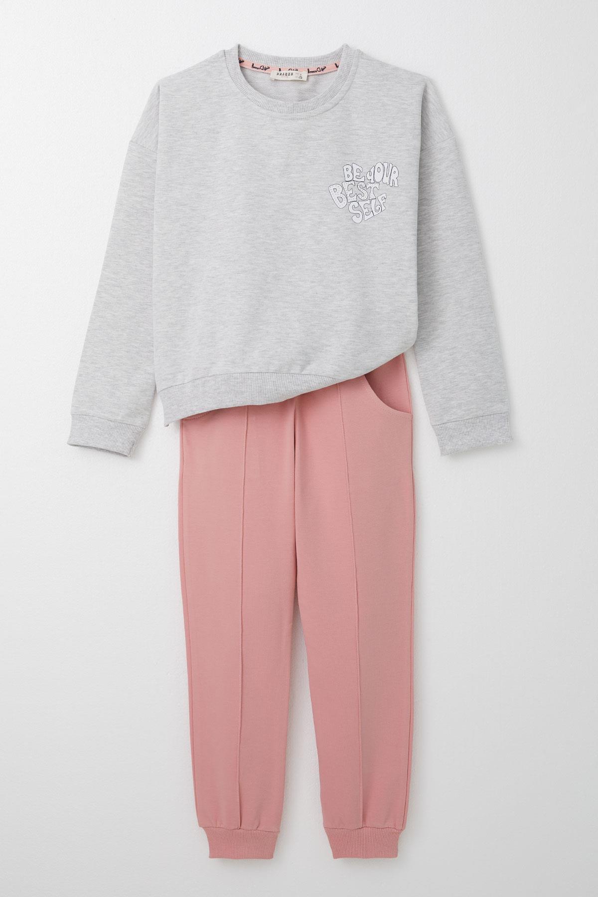 Breeze Kız Çocuk Eşofman Takım Yazı Baskılı Sırtı Çiçekli Açık Gri Melanj (4-9 Yaş)