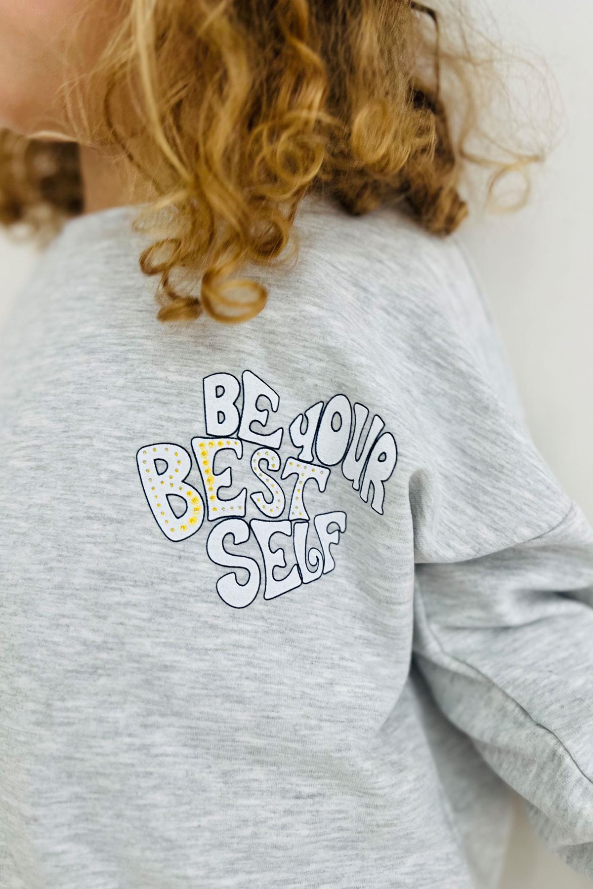 Breeze Kız Çocuk Eşofman Takım Yazı Baskılı Sırtı Çiçekli Açık Gri Melanj (4-9 Yaş)