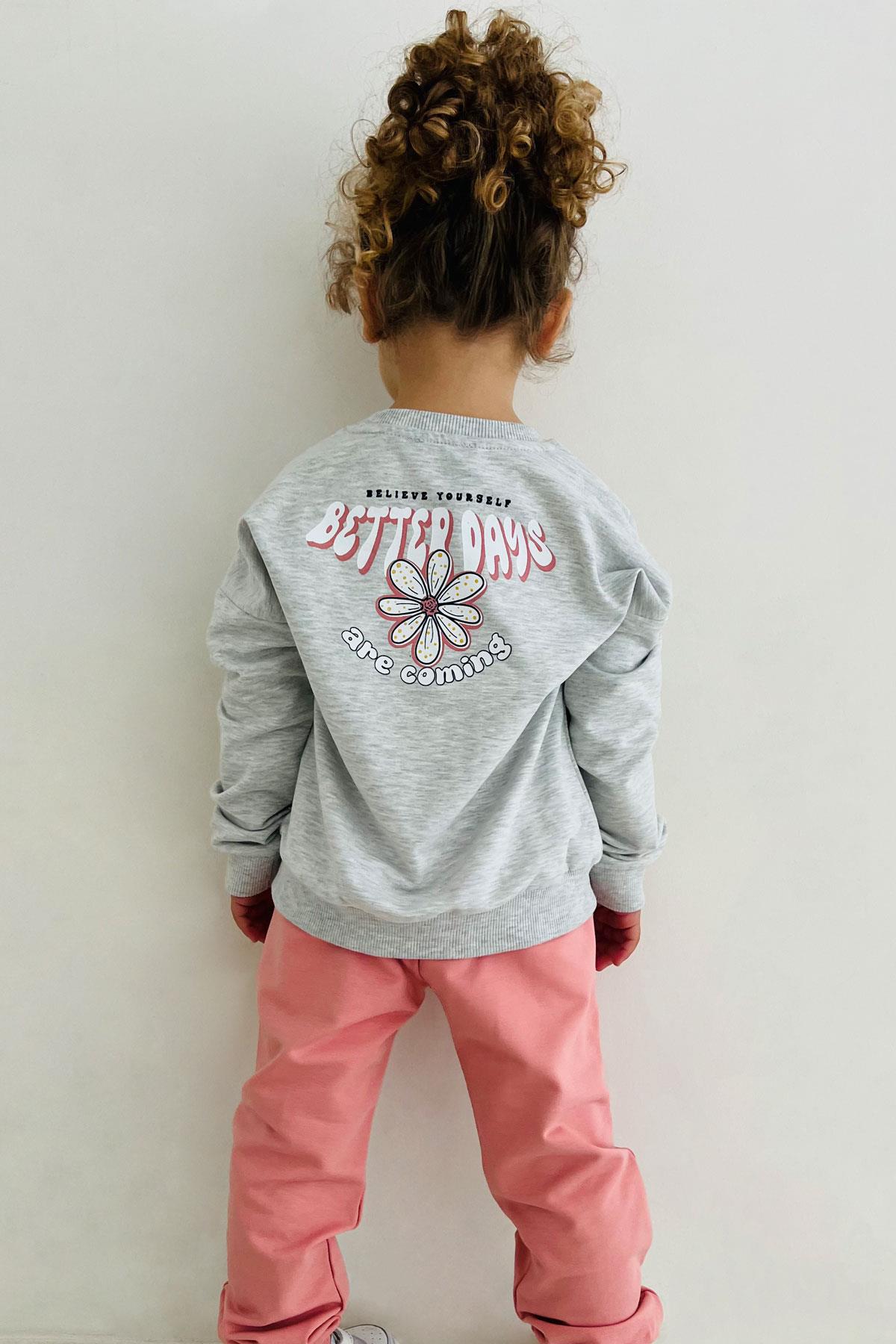 Breeze Kız Çocuk Eşofman Takım Yazı Baskılı Sırtı Çiçekli Açık Gri Melanj (4-9 Yaş)
