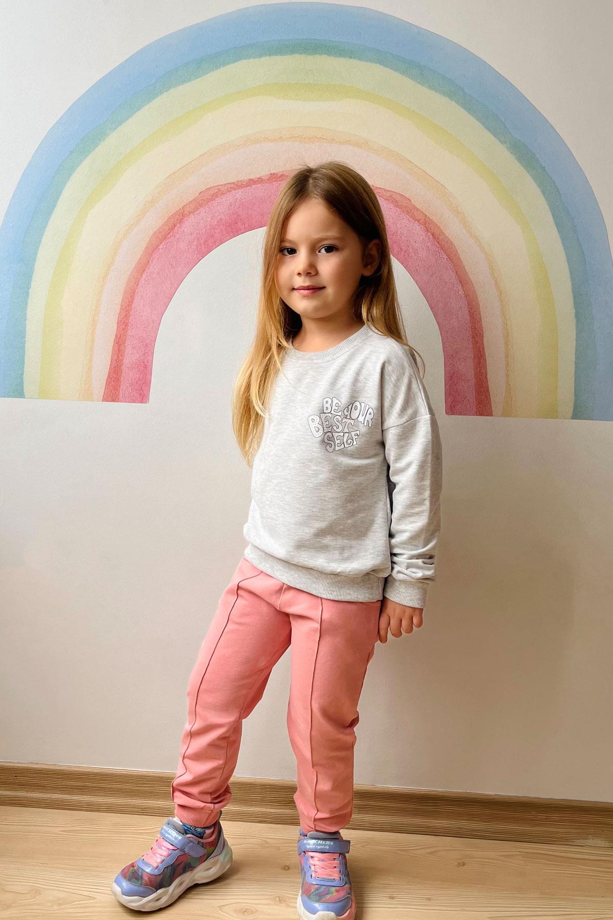 Breeze Kız Çocuk Eşofman Takım Yazı Baskılı Sırtı Çiçekli Açık Gri Melanj (4-9 Yaş)