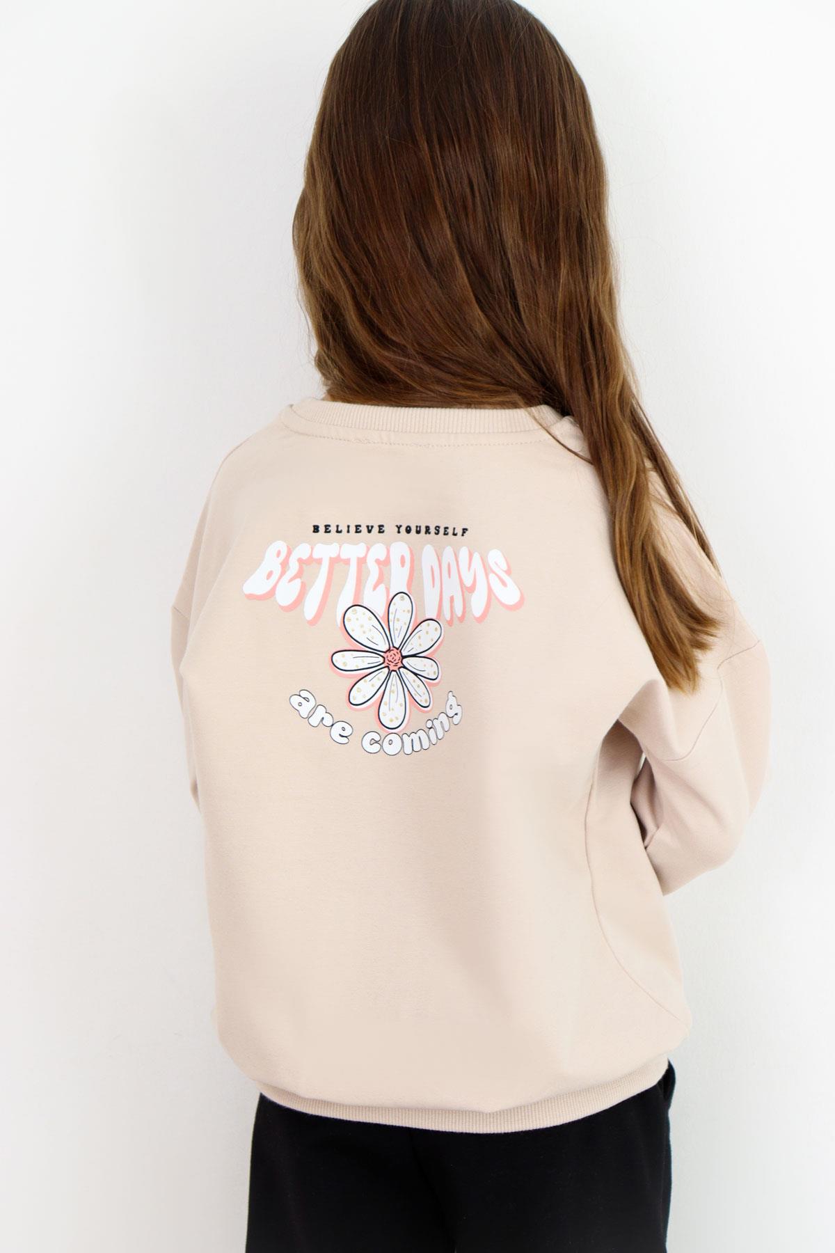 Breeze Kız Çocuk Eşofman Takım Yazı Baskılı Sırtı Çiçekli Bej (4-9 Yaş)