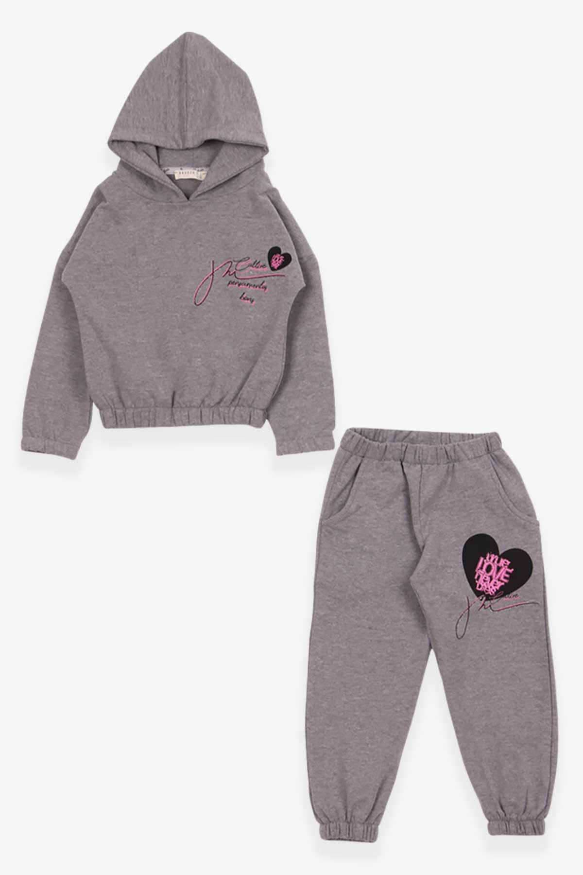 Breeze Kız Çocuk Eşofman Takımı Beli Lastikli Koyu Gri Melanj (3-7 Yaş)