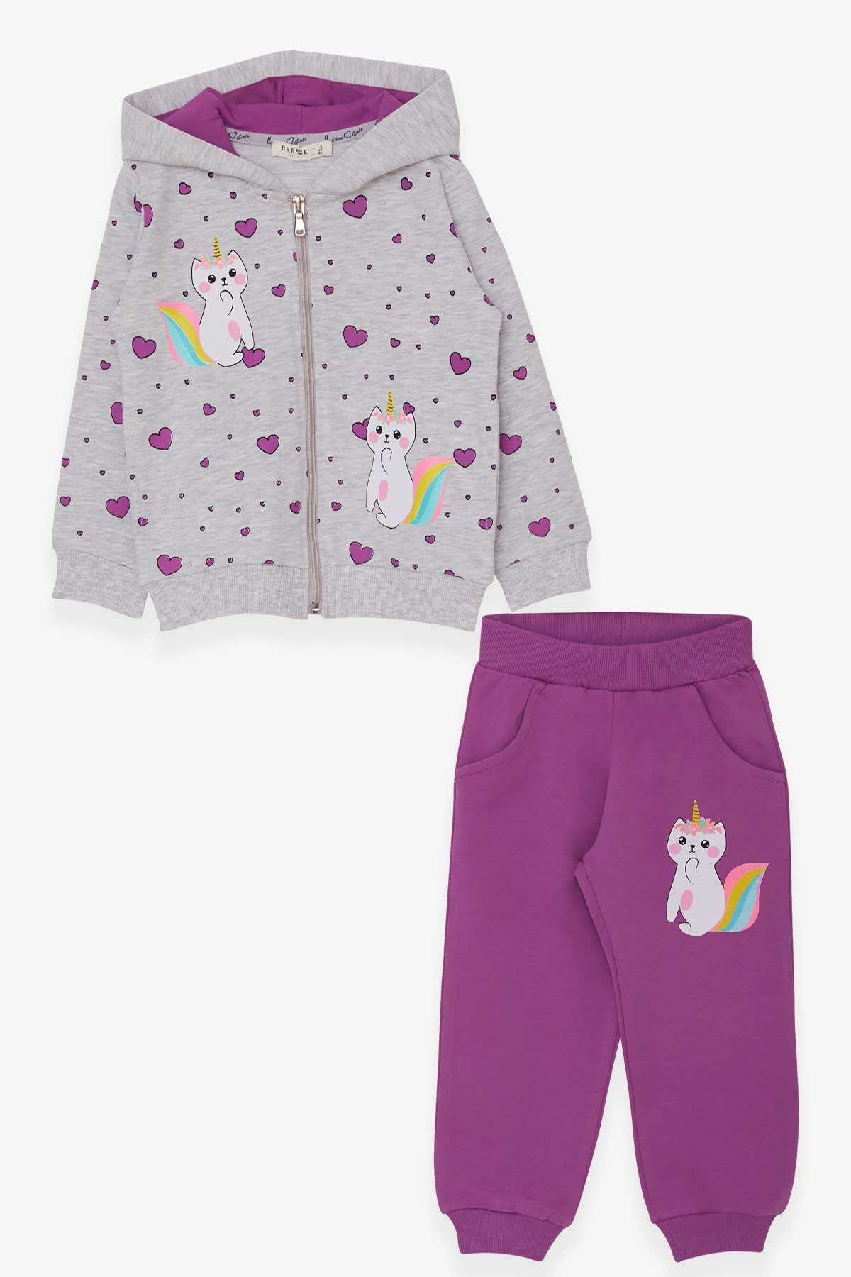 Breeze Kız Çocuk Eşofman Takımı Caticorn Baskılı Açık Gri Melanj (1.5-5 Yaş)