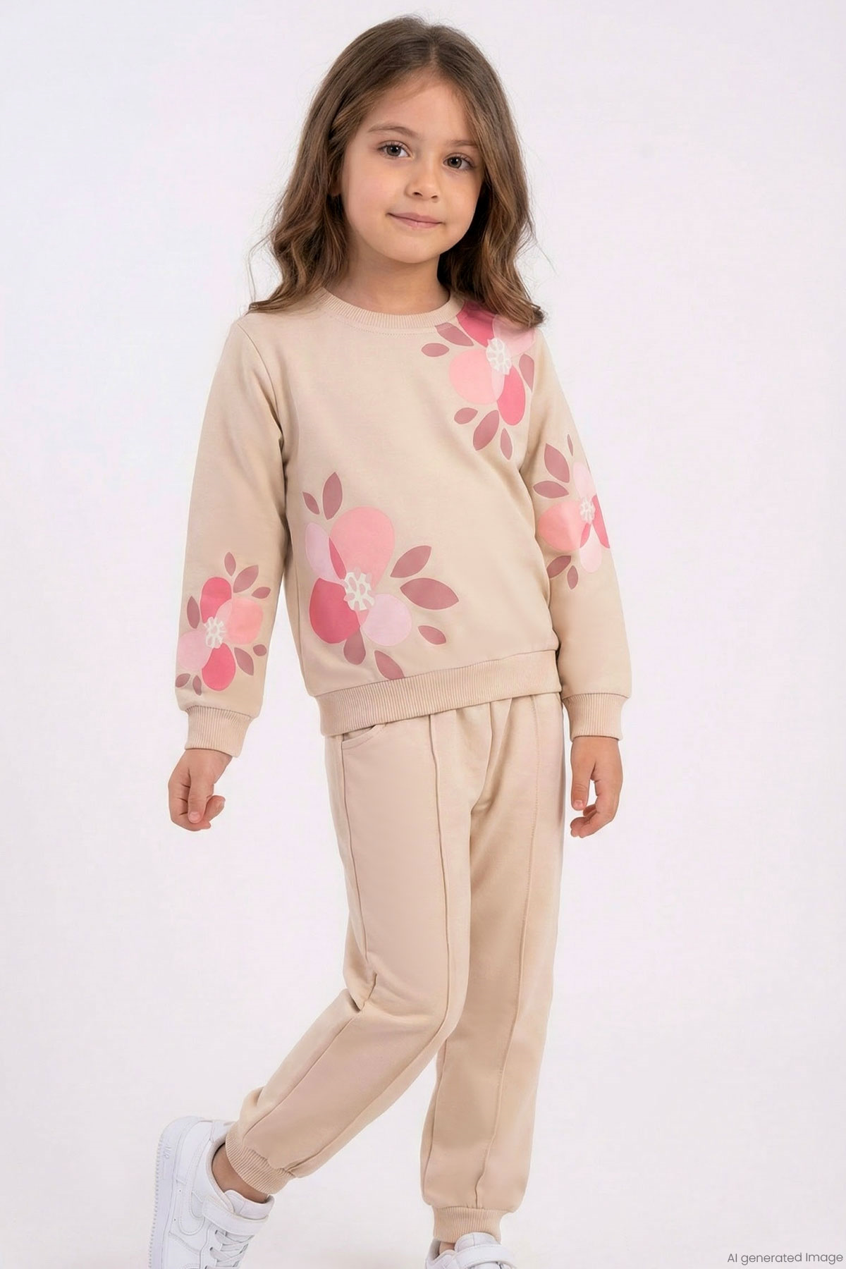 Breeze Kız Çocuk Eşofman Takımı Çiçek Baskılı Pantolonu Çima Dikiş Detaylı Bej (4-7 Yaş)
