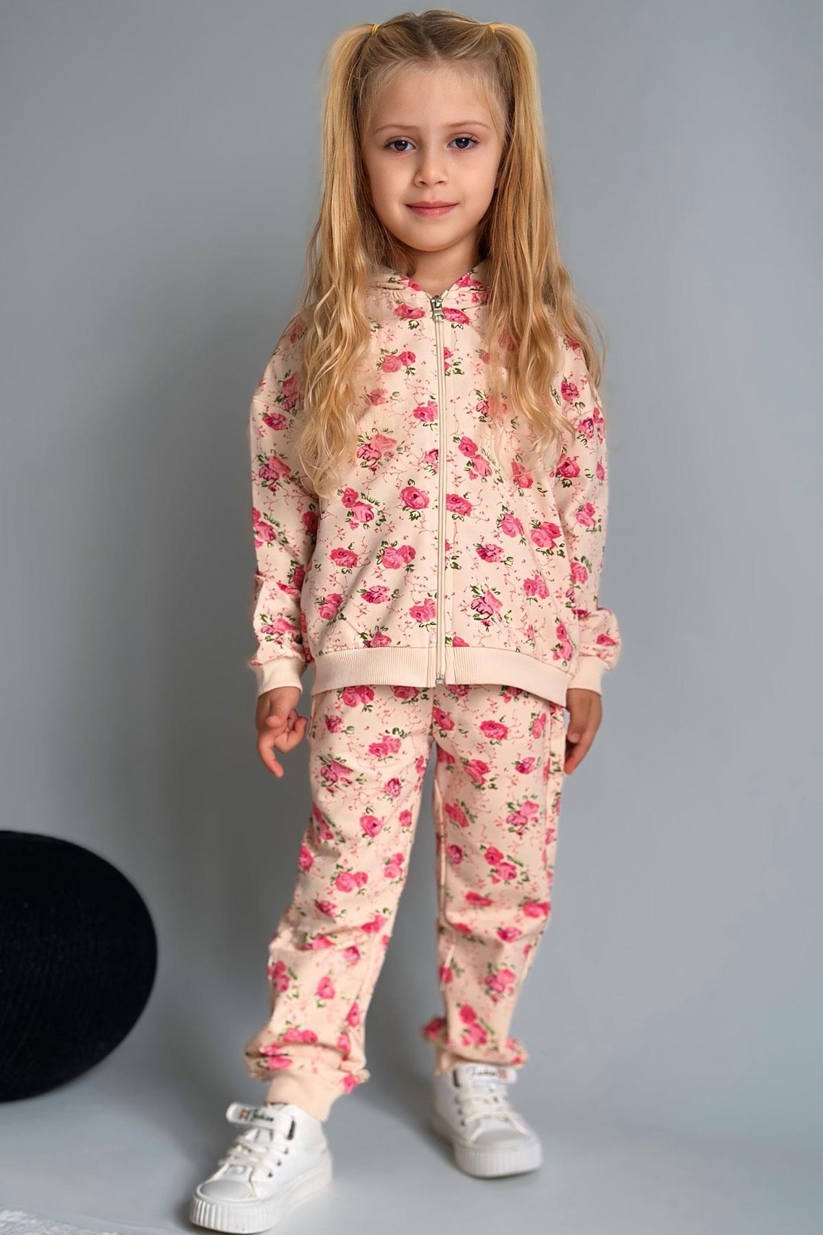 Breeze Kız Çocuk Eşofman Takımı Çiçek Desenli Kapüşonlu Krem (1.5-4 Yaş)