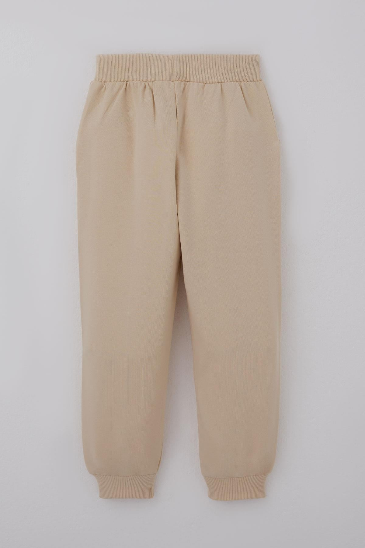 Breeze Kız Çocuk Eşofman Takımı Çiçek Baskılı Pantolonu Çima Dikiş Detaylı Bej (4-7 Yaş)