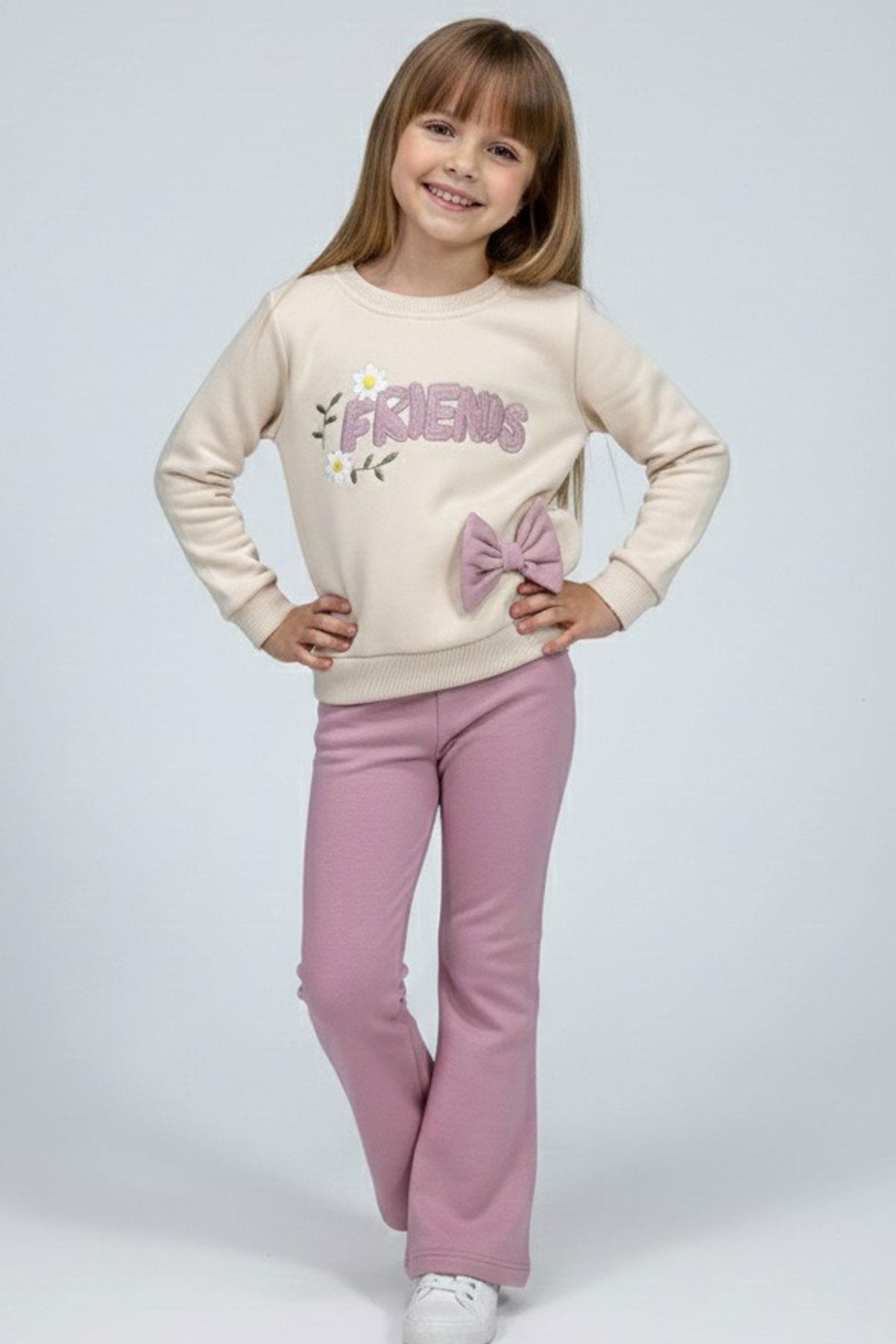 Breeze Kız Çocuk Eşofman Takımı Dostluk Papatyası Nakış Baskılı Bej (2-6 Yaş)