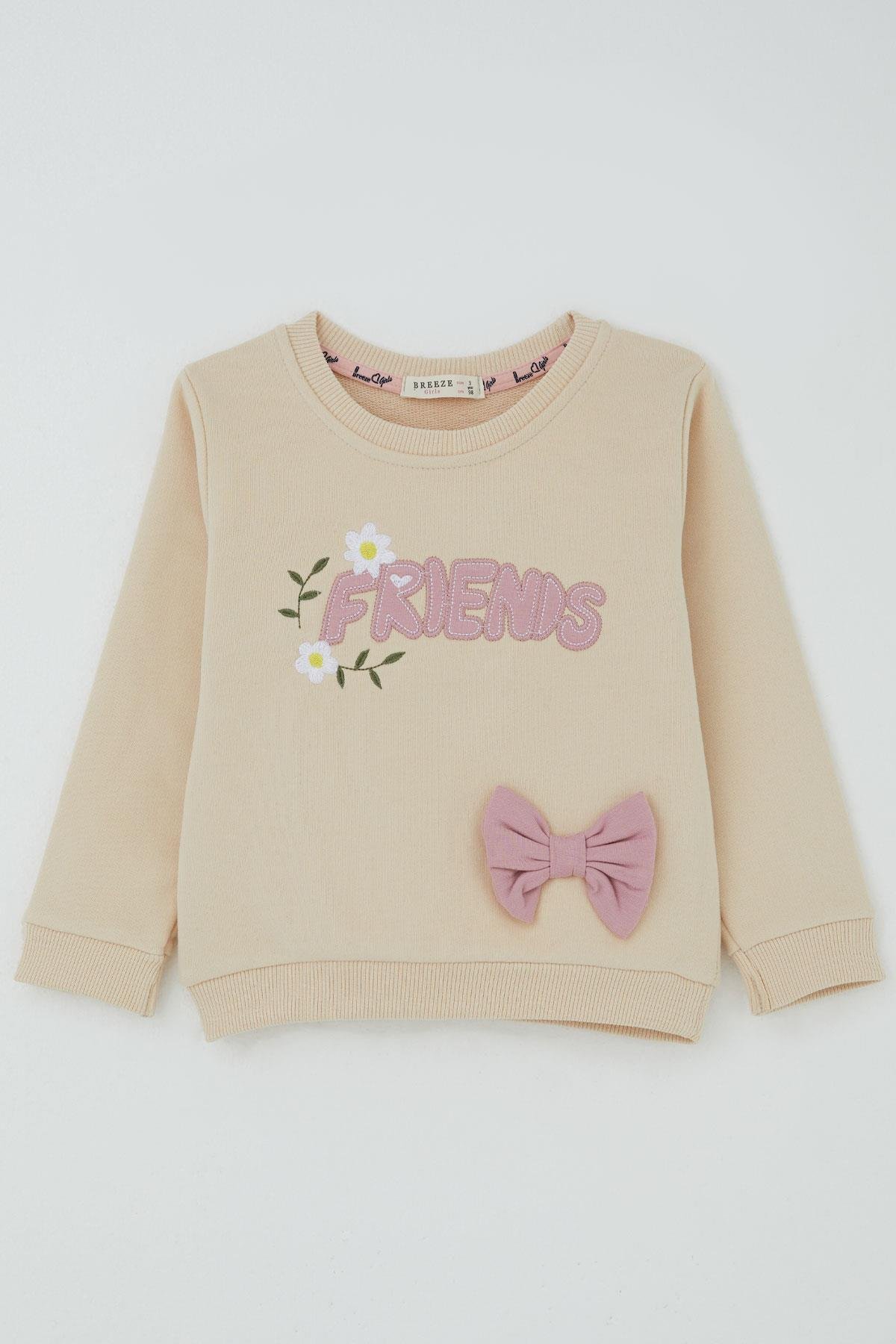 Breeze Kız Çocuk Eşofman Takımı Dostluk Papatyası Nakış Baskılı Bej (2-6 Yaş)